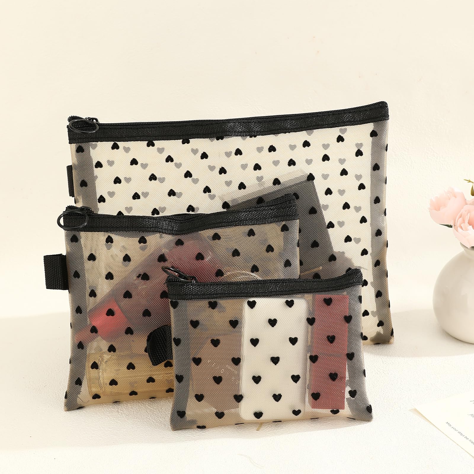 LYDZTION 3-Piece Heart Shaped Mesh Makeup Bags Set with Zipper - Portable Cosmetic Organizer Pouch for Travel, Home & Office - Perfect for Daily Toiletries & Beauty Accessories (Beige, 3 Sizes) | Great for Gym, Vacation & Gift Giving