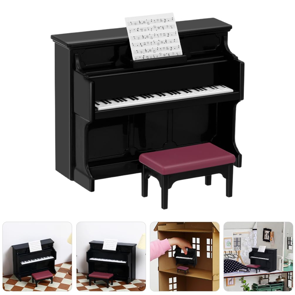 Miniature Piano & Stool Set for Dollhouse - 2 Piece Tiny Musical Instrument with Sheet Music - Perfect for Dollhouse Decor, Miniature Collectibles & DIY Craft Projects