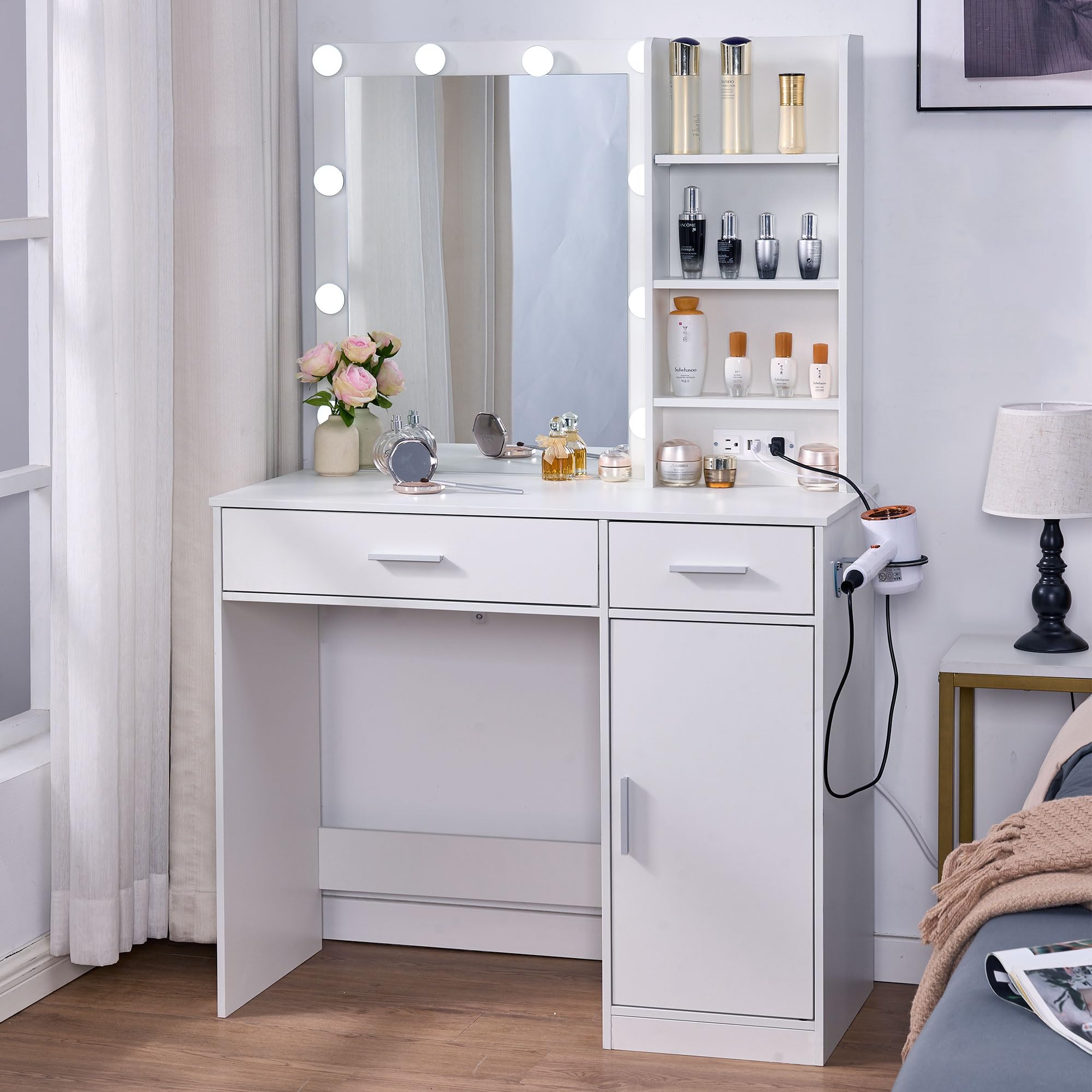 Vanity Desk with Mirror and Lights - Adjustable 3-Color LED Dressing Table with 2 Drawers, Storage Shelves & Cabinet, Built-in Power Outlet - White Makeup Vanity for Bedroom, Home Decor & Beauty Room Organization