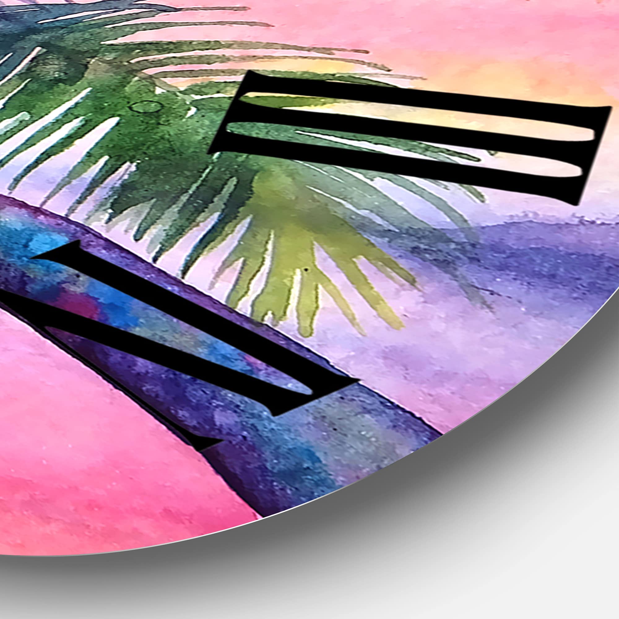 DesignQ Nautical Coastal Wall Clock - Pink Round Clock with Vivid Sunset Landscape, Palm Tree & Swing - Perfect for Living Room, Bedroom, or Beach House Decor