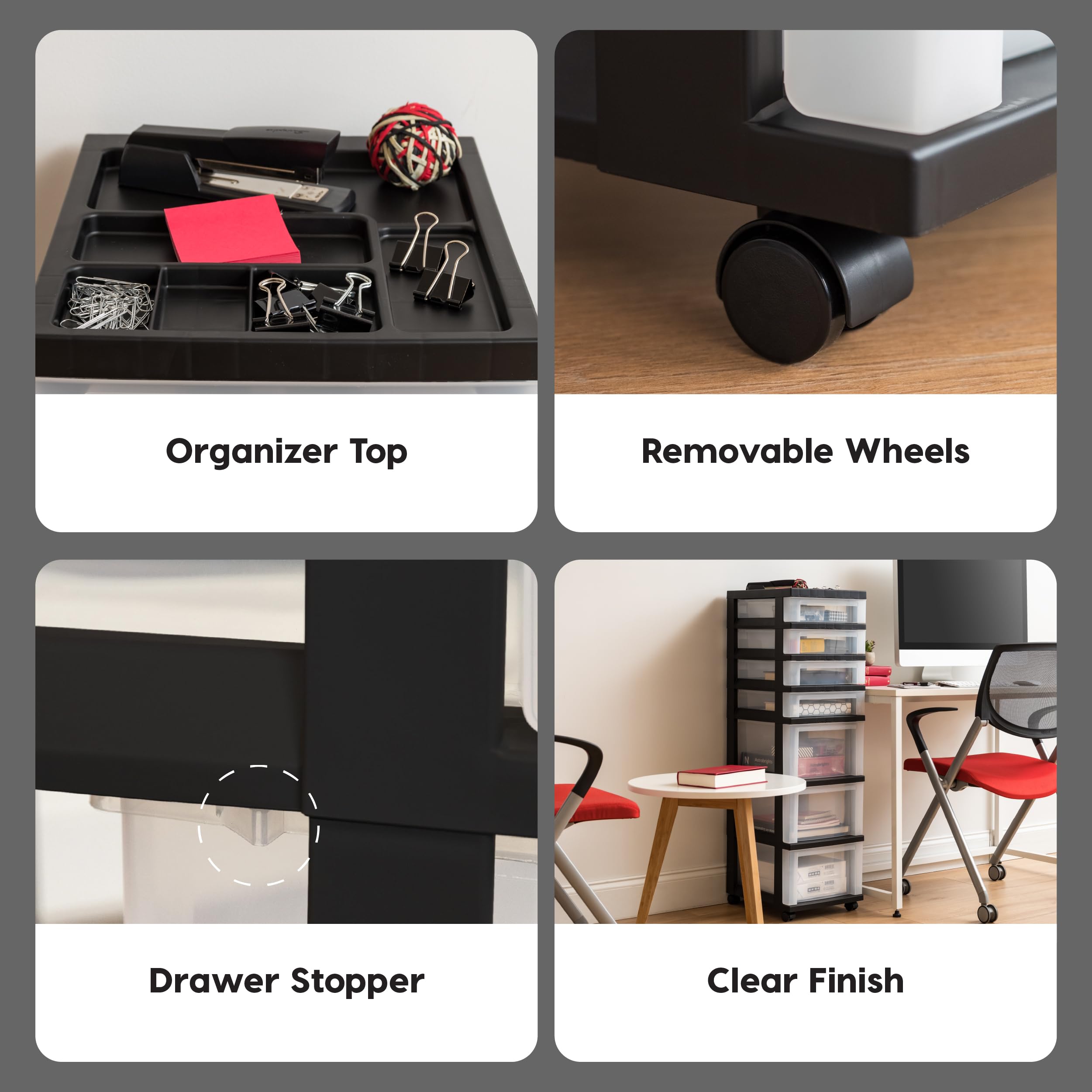 IRIS USA 7-Drawer Rolling Storage Cart with Wheels | Plastic Organizer for Classroom, Craft Supplies, Bathroom & Bedroom | Black/Clear | Perfect for Dorm, Laundry Room & Closet Organization
