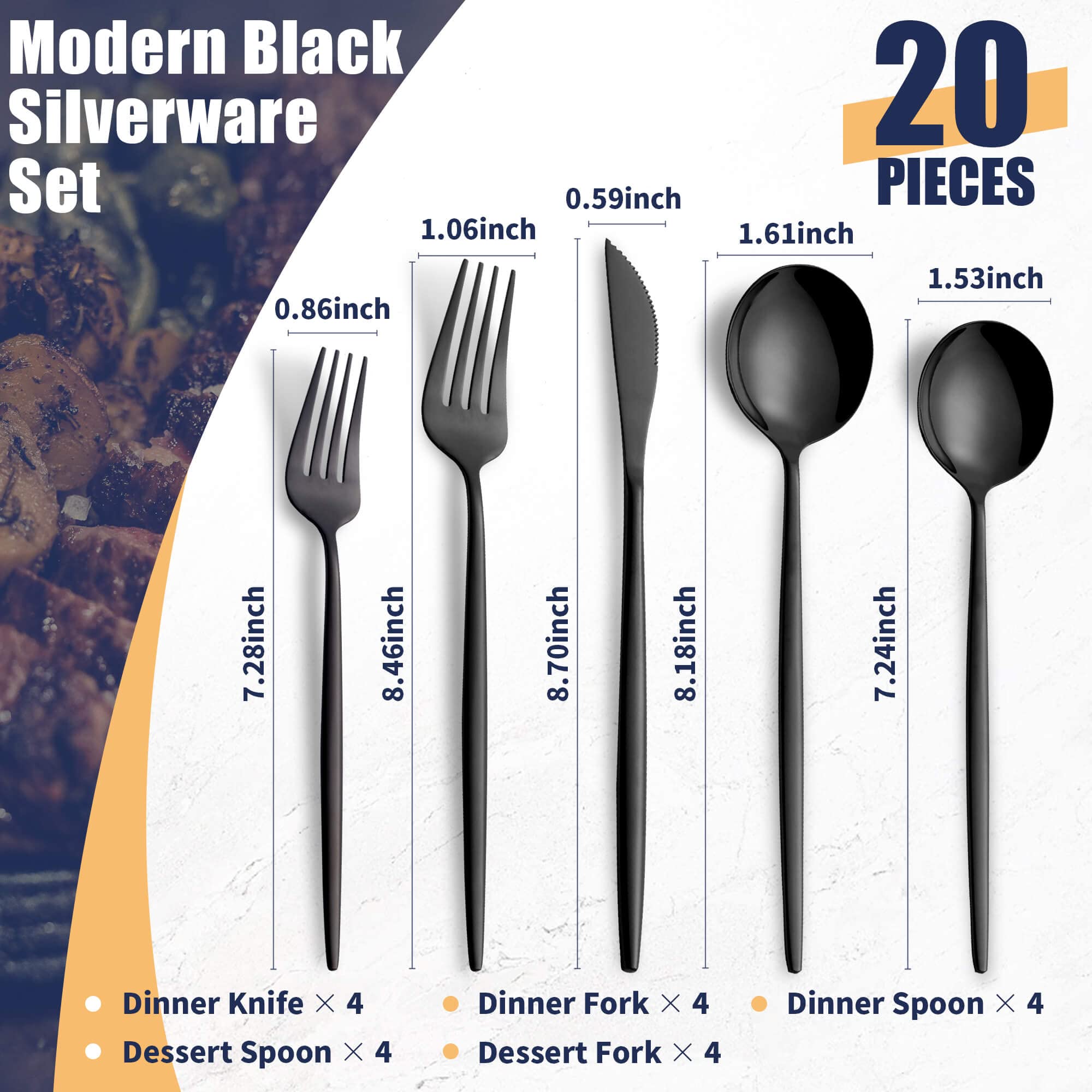 20-Piece Stainless Steel Flatware Set - Black Silverware Cutlery for 4 People (Forks, Spoons, Knives) | Durable Kitchen & Tableware for Home, Restaurant & Catering | Dishwasher Safe | Perfect for Dinner Parties, Weddings & Daily Dining