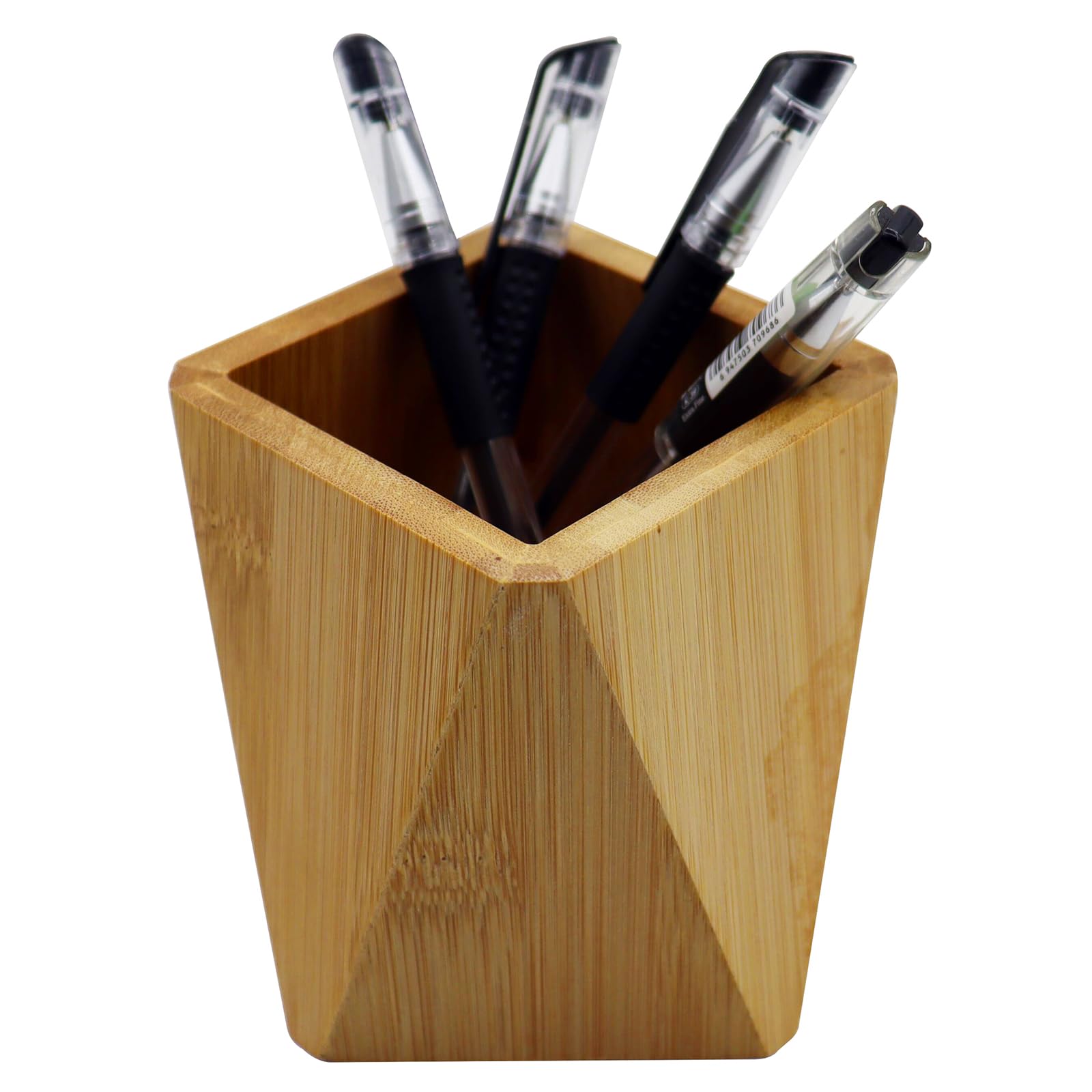 Bamboo Pen Holder & Pencil Organizer - Geometric Design Desk Storage Cup for Pens, Markers, Gel Pens - Perfect for Home Office, School & Students (Ideal for Desk Organization & Stationery Storage)
