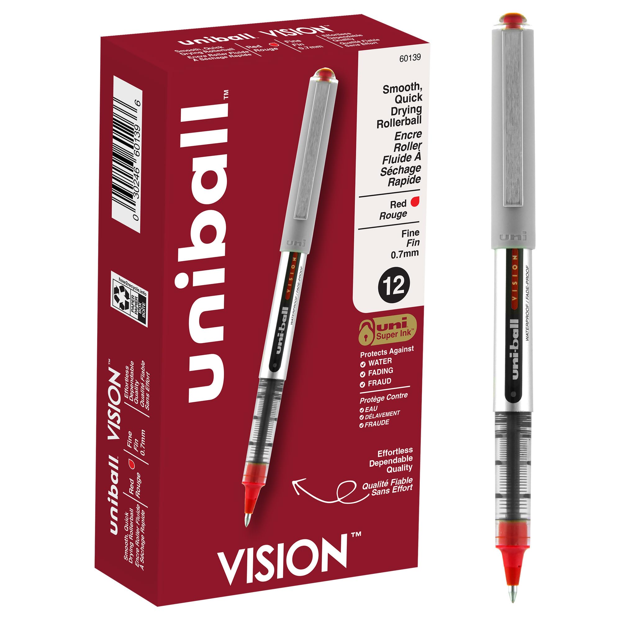 uni-ball Vision Rollerball Pens - 0.7mm Fine Point, Red Ink, 12-Pack for Smooth Writing | Ideal for Office, School, Journaling & Note Taking