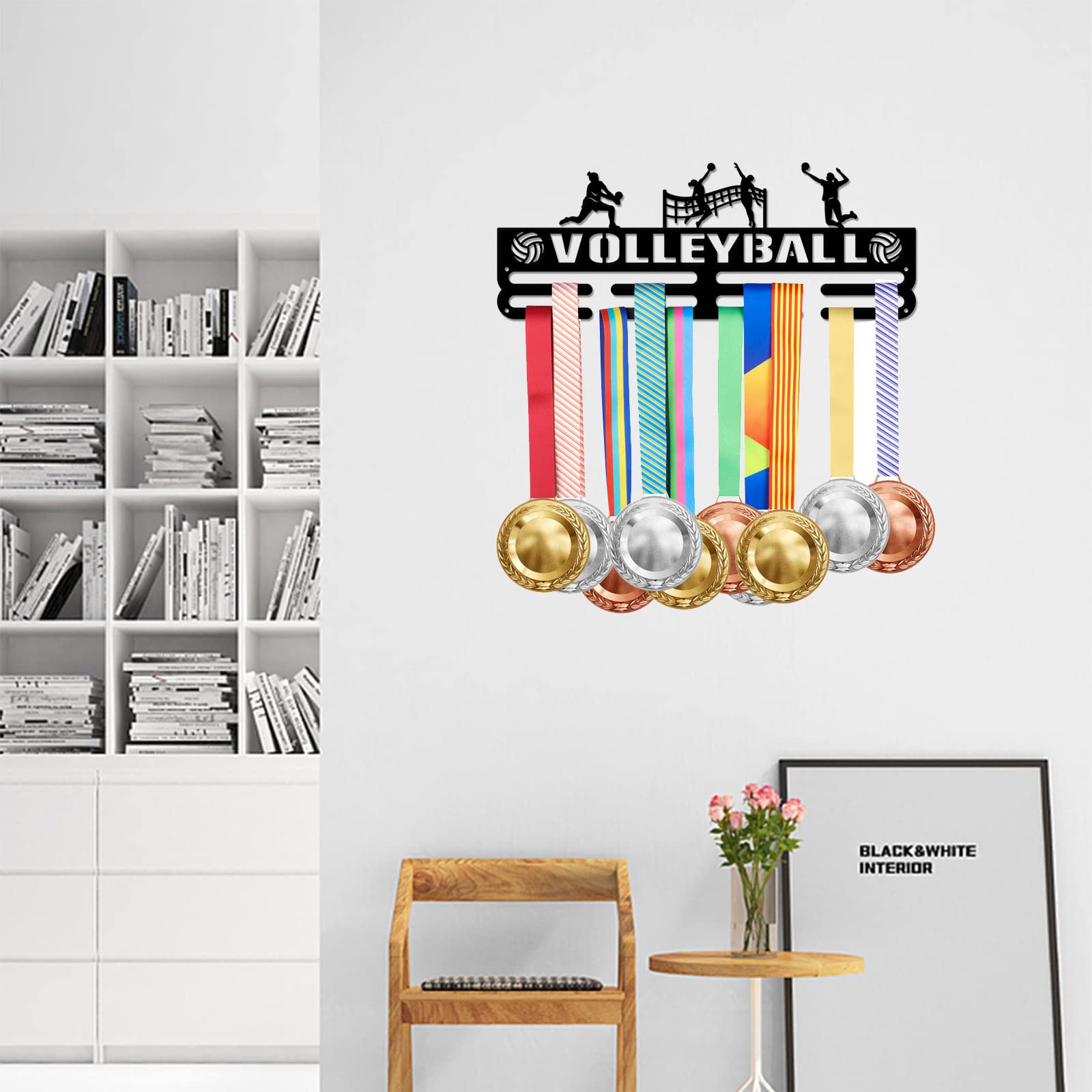 SUPERDANT Volleyball Medal Holder - Black Iron Wall Mounted Hooks for 60+ Medals | Women's Volleyball Awards Display Rack | Perfect for Competition Trophies, Sports Achievements & Home Decor