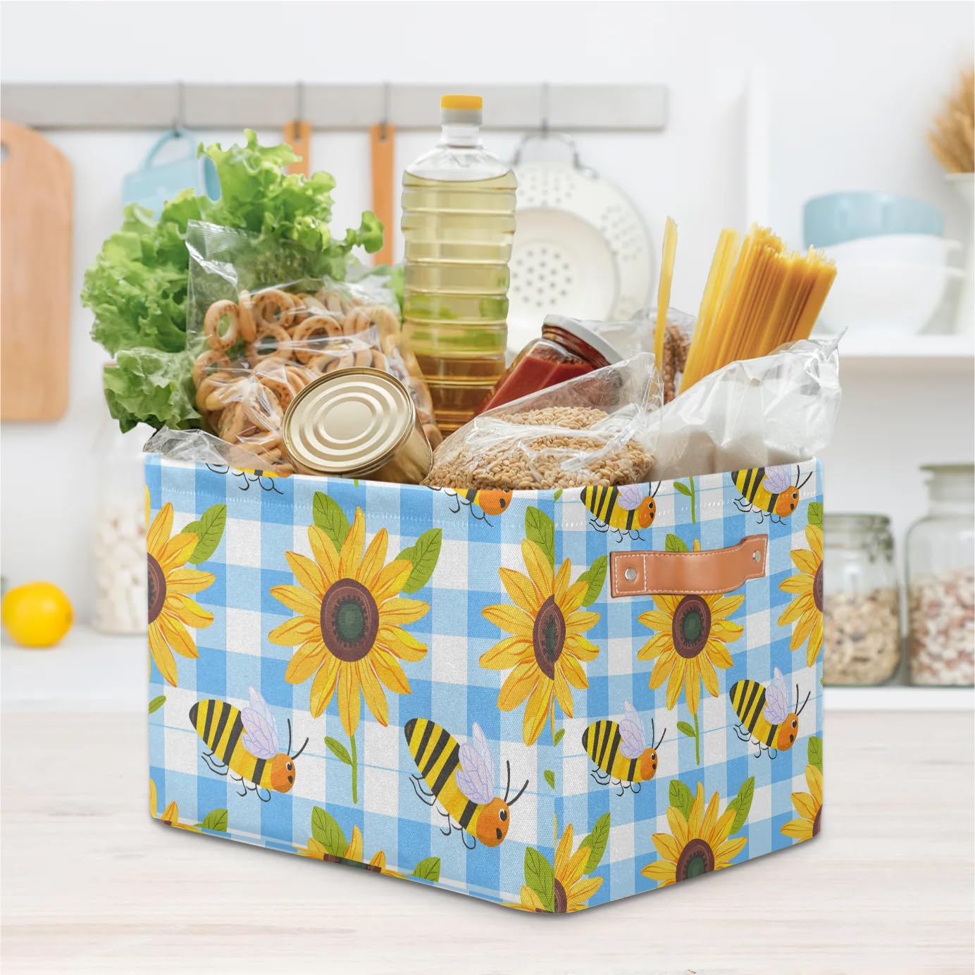Bee Sunflower Plaid Large Storage Baskets for Shelves & Closets - 2 Pack Fabric Organizer Bins with Handles, Collapsible Decorative Baskets for Home Organization - Perfect for Clothes, Toys & Bedroom Storage