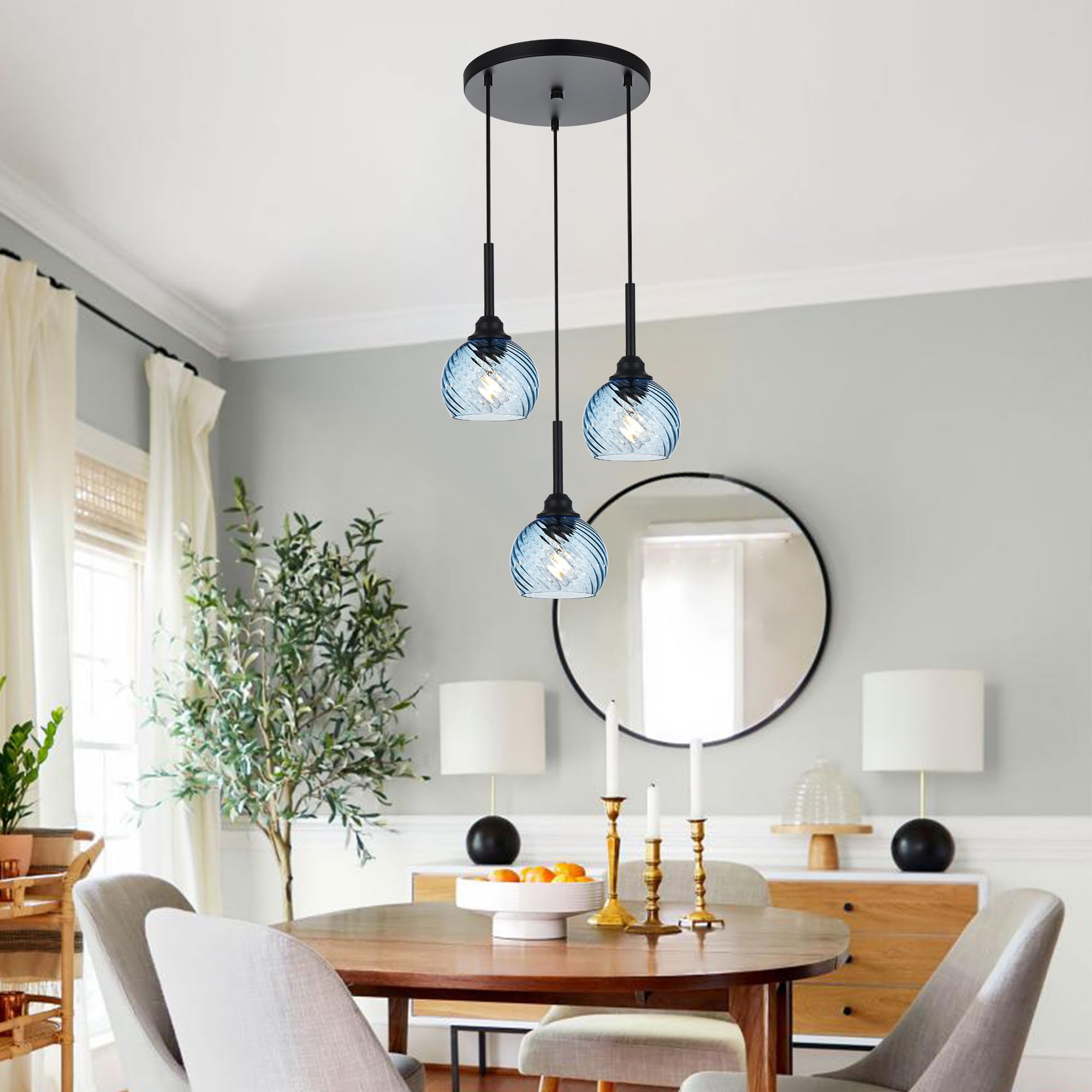 Modern Blue Striped Swirl Glass 3-Light Pendant Lighting for Kitchen Island & Dining Room - Cluster Hanging Ceiling Light with E26 Base - Perfect for Kitchen Counter, Breakfast Bar & Dining Table Ambiance