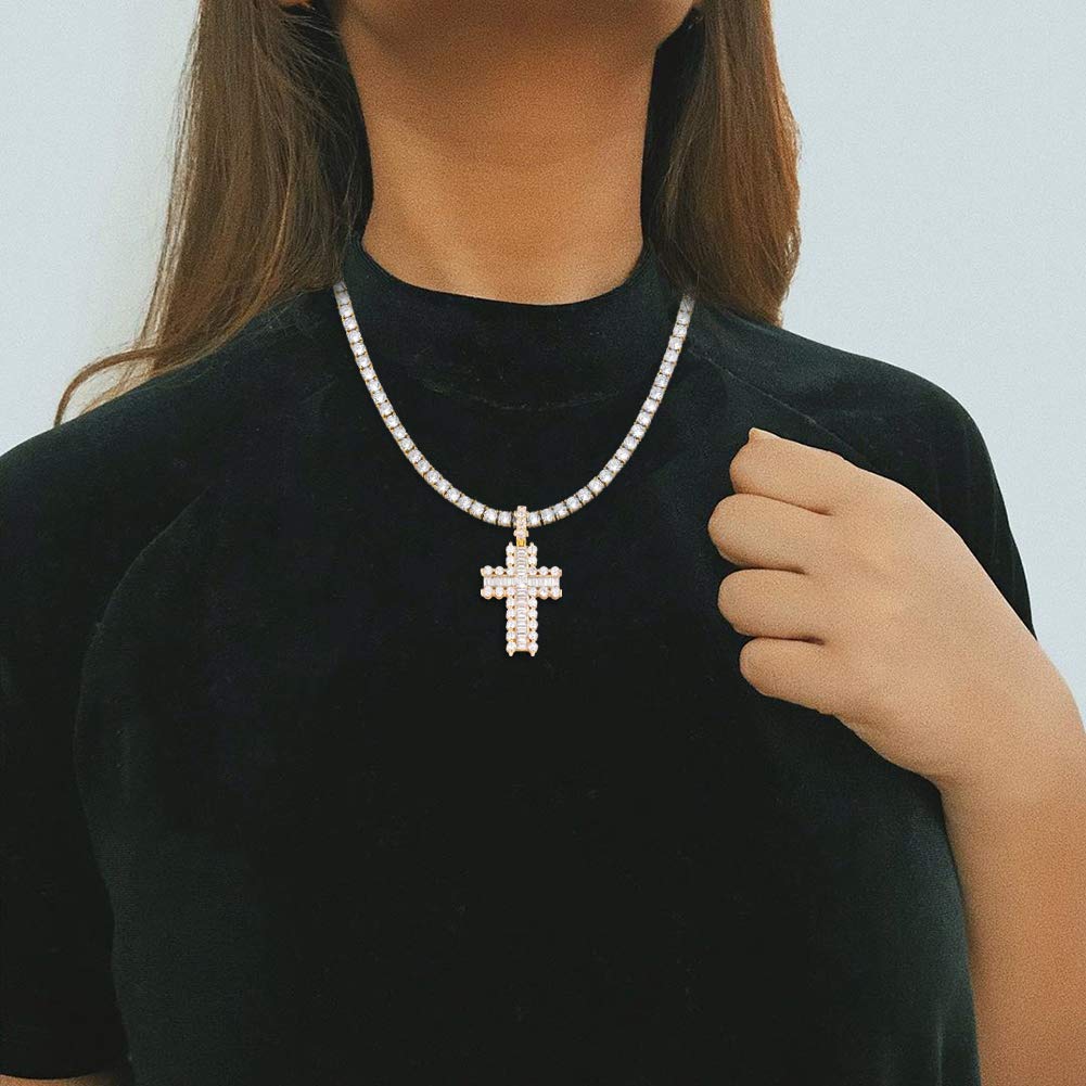 Hip Hop Iced Out CZ Baguette Cross Pendant Necklace - 14K Gold Plated Men & Women's Jewelry - Perfect for Streetwear, Parties and Gift Giving