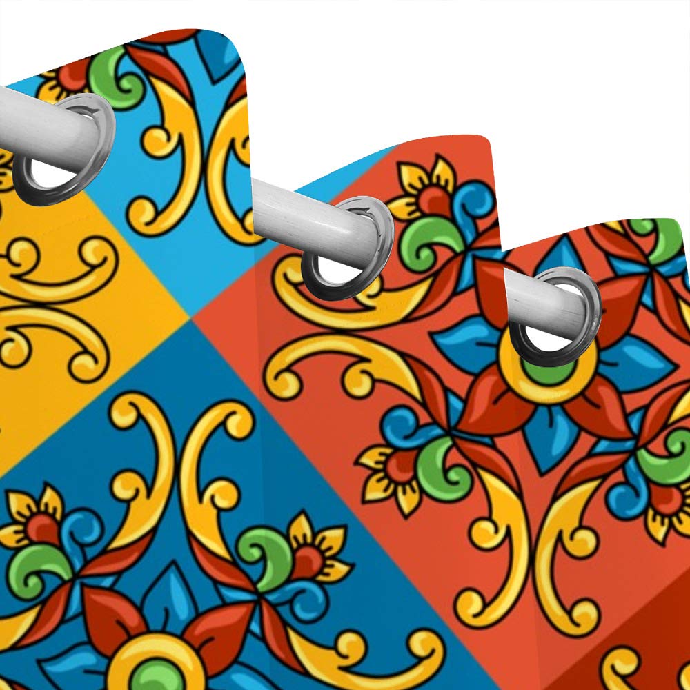 Kuizee Blackout Curtains 84×55 Inch - 2 Panels Sun Blocking Thermal Insulated Mexican Talavera Floral Design for Living Room & Bedroom | Grommet Top Window Treatments for Year-Round Comfort & Privacy