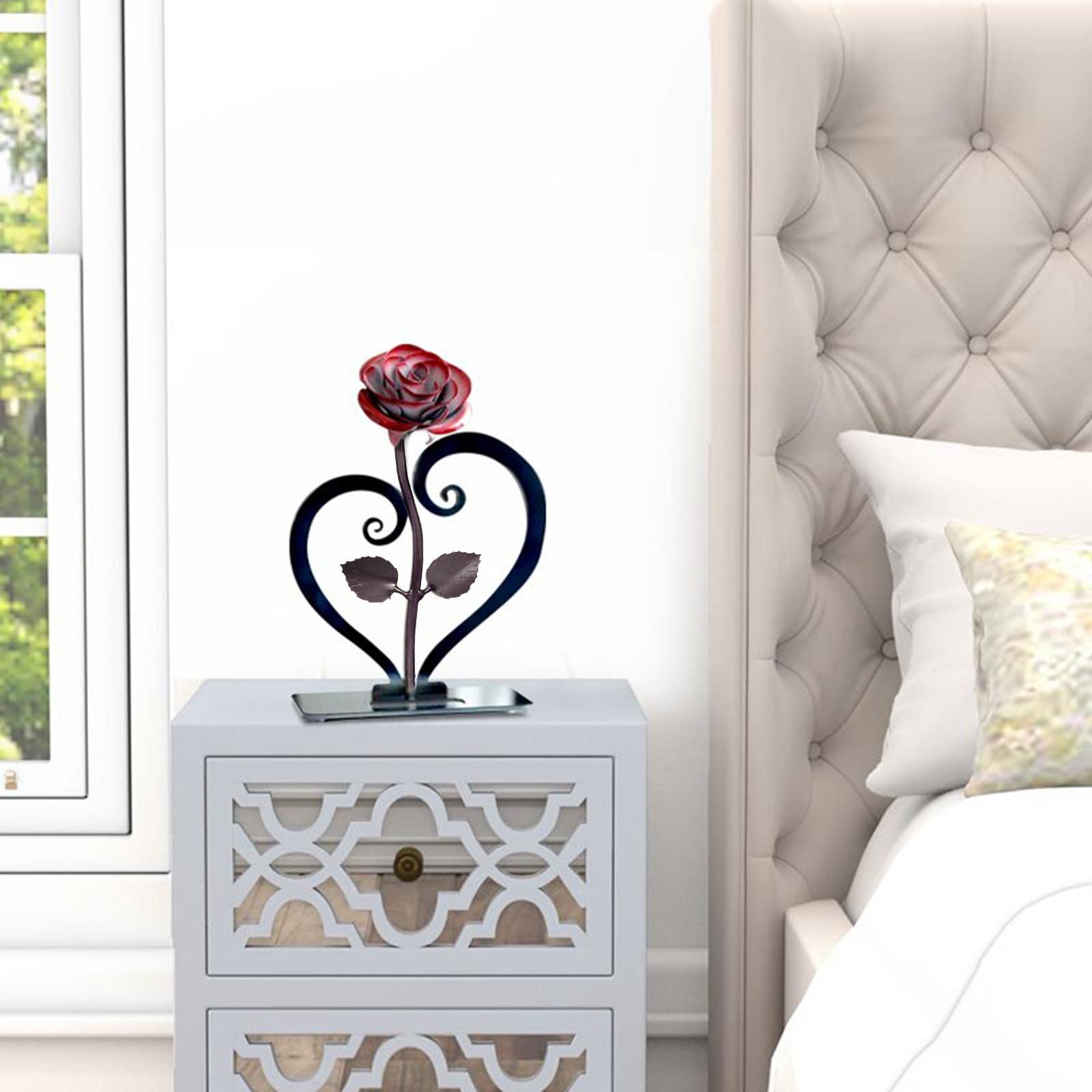 Hand-Forged Wrought Iron Red Metal Rose with Heart-Shaped Stand - Artificial Flower Gift for Valentine's Day, Mother's Day, Anniversary, Birthday & Wedding - Perfect for Home Decor, Romantic Surprises and Special Occasion Gifts