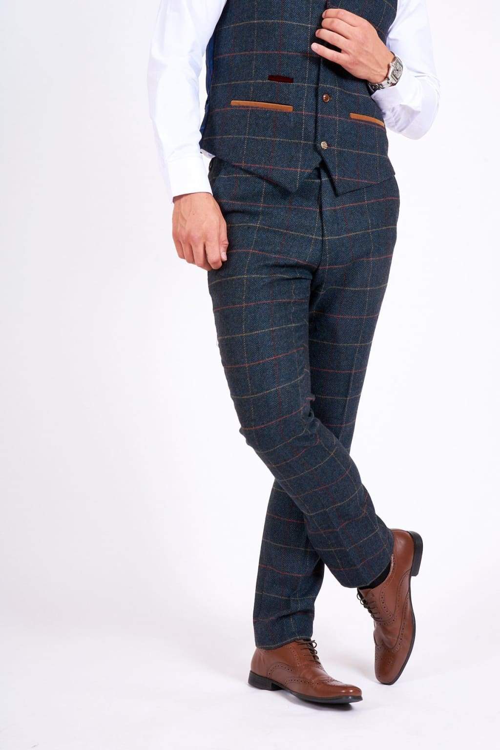 Marc Darcy Eton Men's Blue Slim Fit Tweed Check Suit Pants - Formal Office Wear & Wedding Attire for Stylish Gentlemen
