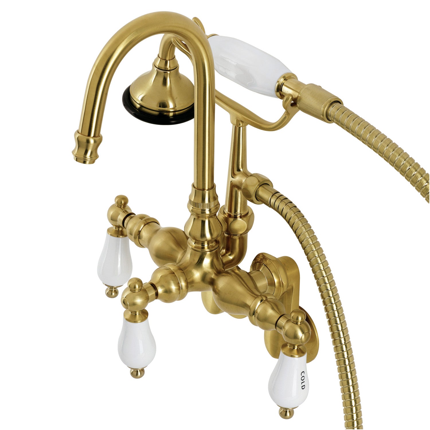 Vintage Style 3-Handle Wall Mount Clawfoot Tub Faucet with Hand Shower in Brushed Brass - Perfect for Bathroom Renovation and Antique Tub Restoration Projects