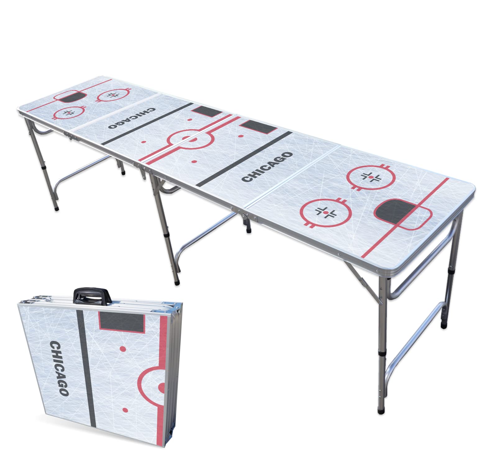 8-Foot Folding Portable Beer Pong Table with LED Lights & Optional Cup Holders - Chicago Hockey Rink Design for Indoor/Outdoor Parties, Tailgates & Game Nights