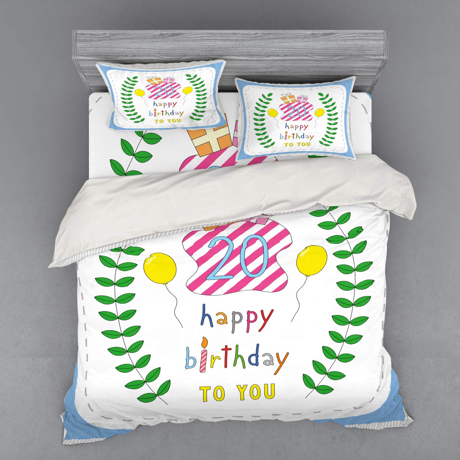 Ambesonne 20th Birthday Bedding Set - 4 Piece Duvet Cover with Shams & Fitted Sheet, King Size, Green Blue Pink Balloon Party Theme - Perfect for Surprise Parties & Teen Room Decor