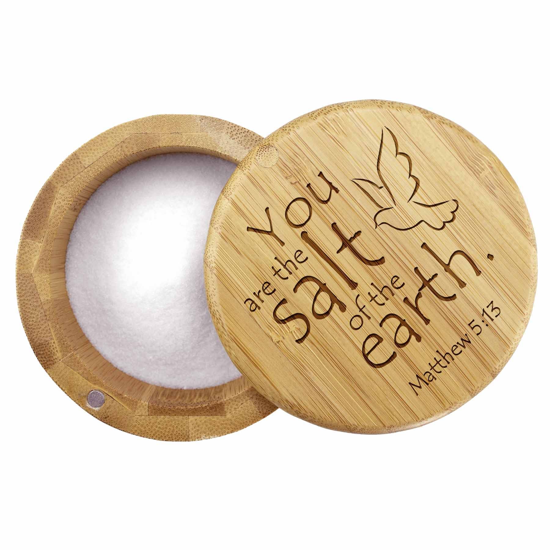 Salt of the Earth Engraved Salt Cellar - 6 Oz Ceramic Salt Dish with Lid for Kitchen & Dining Table - Perfect for Cooking, Baking, and Entertaining
