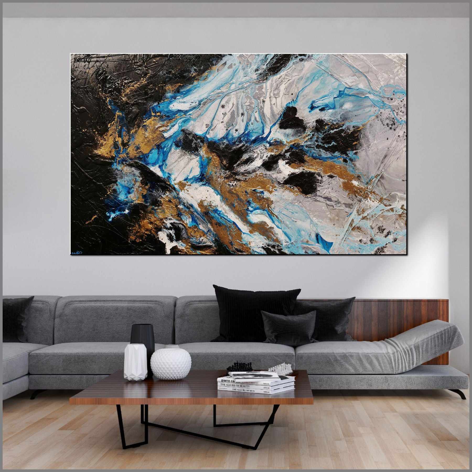 250cm x 150cm Blue White Textured Abstract Painting - Cobalt Barracuda - Modern Wall Art for Living Room, Bedroom & Office Decor