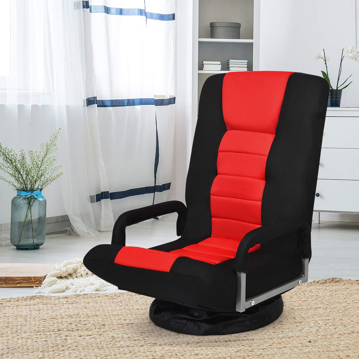 Giantex 360 Degree Swivel Floor Chair - Adjustable Backrest with Lumbar Support & Armrests, Foldable Lazy Sofa Rocker for Living Room, Bedroom, TV Watching, Reading & Gaming (Black/Red) - Comfortable Floor Seating for Small Spaces & Relaxation