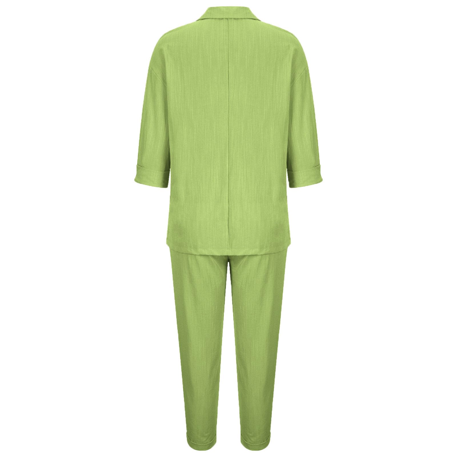 Women's 2-Piece Cotton Linen Outfit Set - Button Down Shirt & Drawstring Long Pants | Casual Summer Outfit for Beach, Travel & Daily Wear