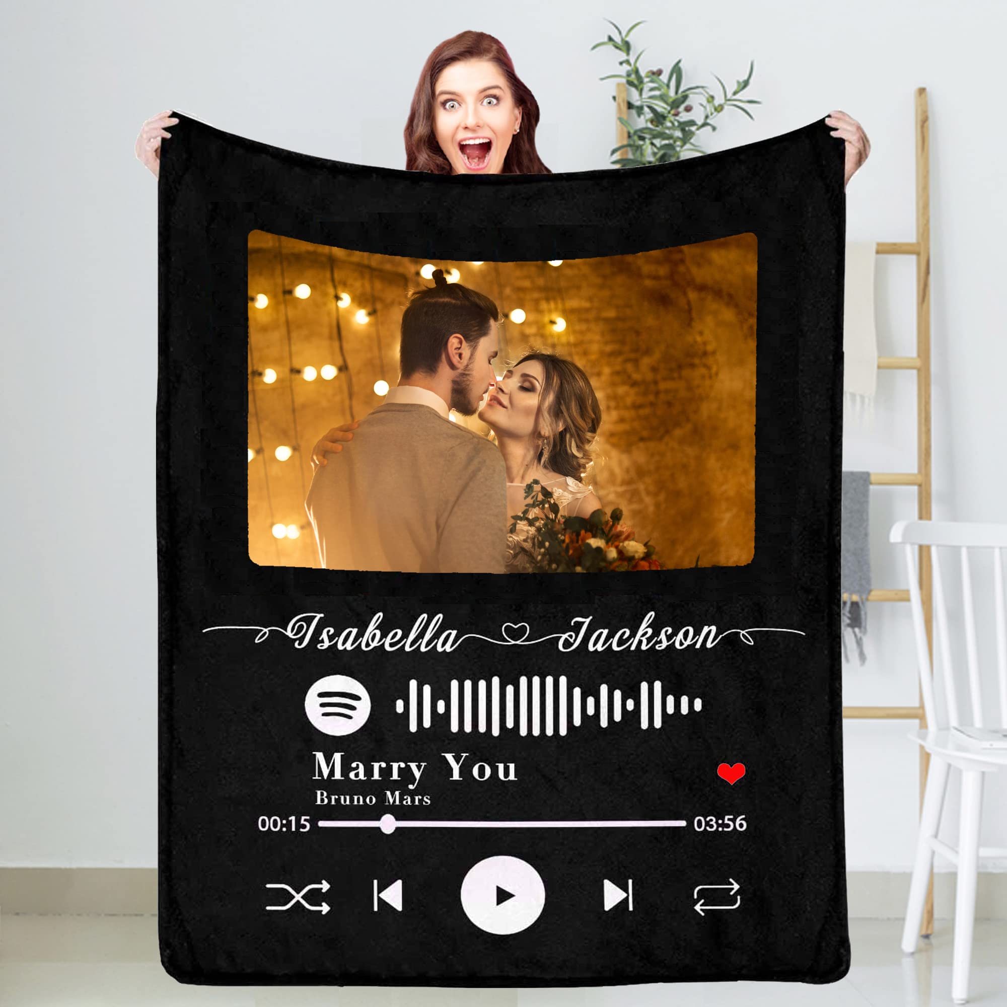 Custom Spotify Code Music Blanket - Personalized Photo Blanket for Couples, Family & Pets - Flannel Throw Blanket with Custom Images - Perfect Gift for Birthday, Christmas, Valentines - Cozy Gift for Music Lovers, Home Decor, Movie Nights & Snuggling