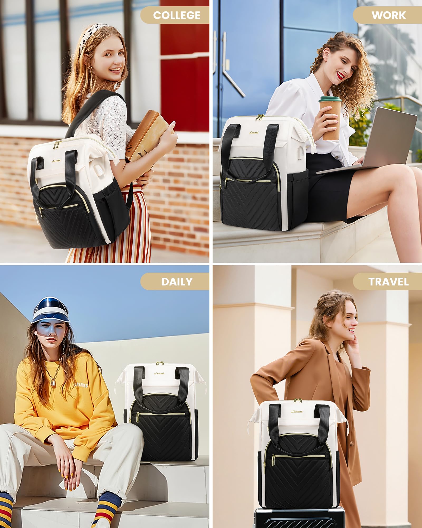LOVEVOOK 15.6 Inch Waterproof Laptop Backpack for Women with USB Port, Stylish Work & Travel Bag for Teacher, Nurse, Business Professionals, Black-Cream White, Perfect for Office, School & Commuting
