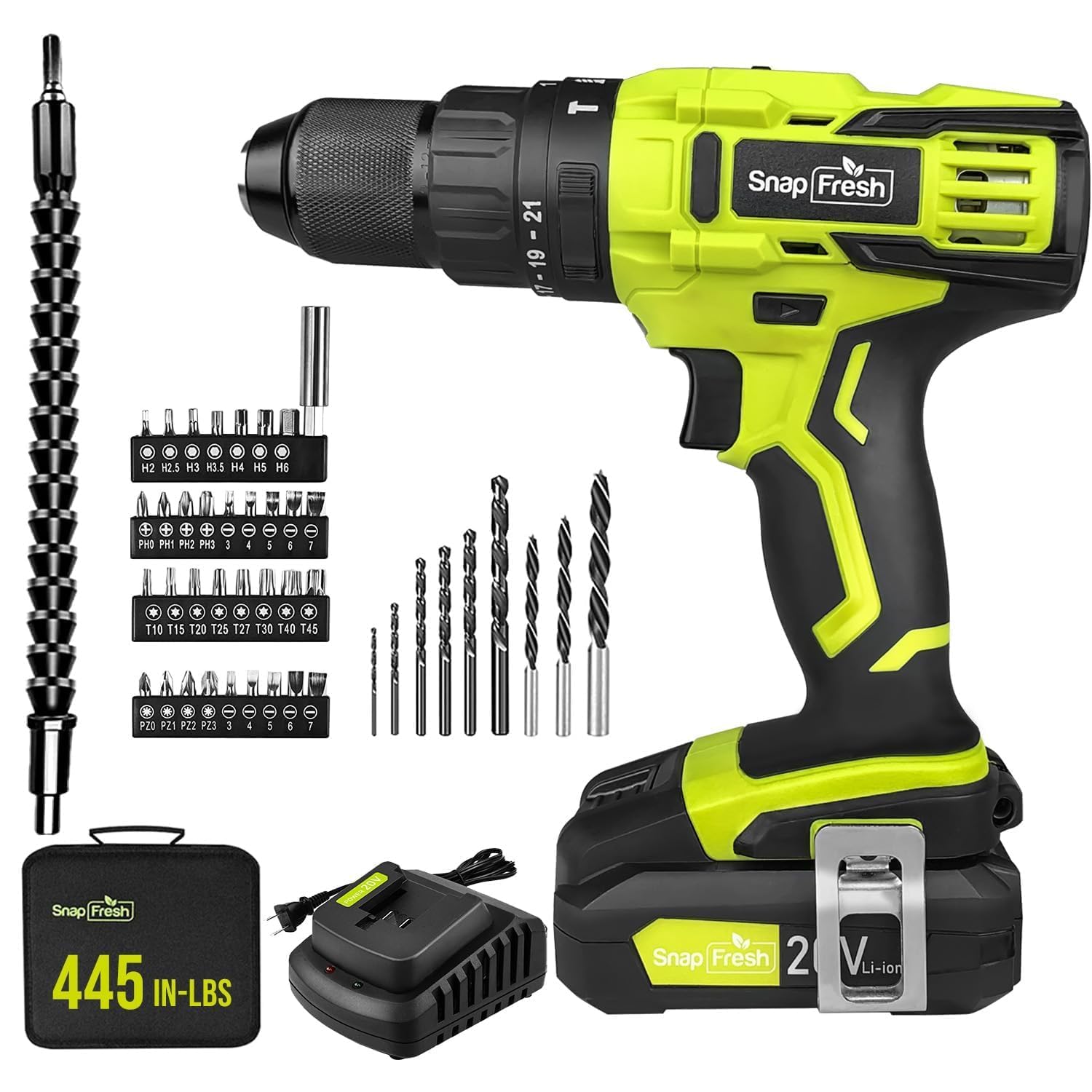 SnapFresh 20V Cordless Impact Drill Driver Kit - 1/2 Inch Chuck, 445 in-lbs Max Torque, 2-Speed Power Tool with 43-Piece Bit Set, 2.0Ah Battery & Fast Charger Included - Perfect for DIY Projects, Home Repairs and Professional Construction Work