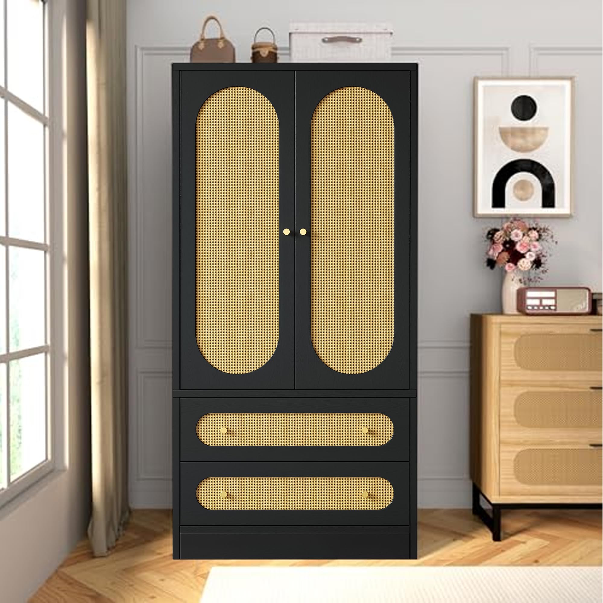 Rattan Wardrobe Closet - Freestanding Storage Cabinet with Wide Drawers & Hanging Rod, Large Capacity Bedroom Organizer with Gold Handles (Black, 2-Pack) - Perfect for Bedroom, Closet & Dorm Organization