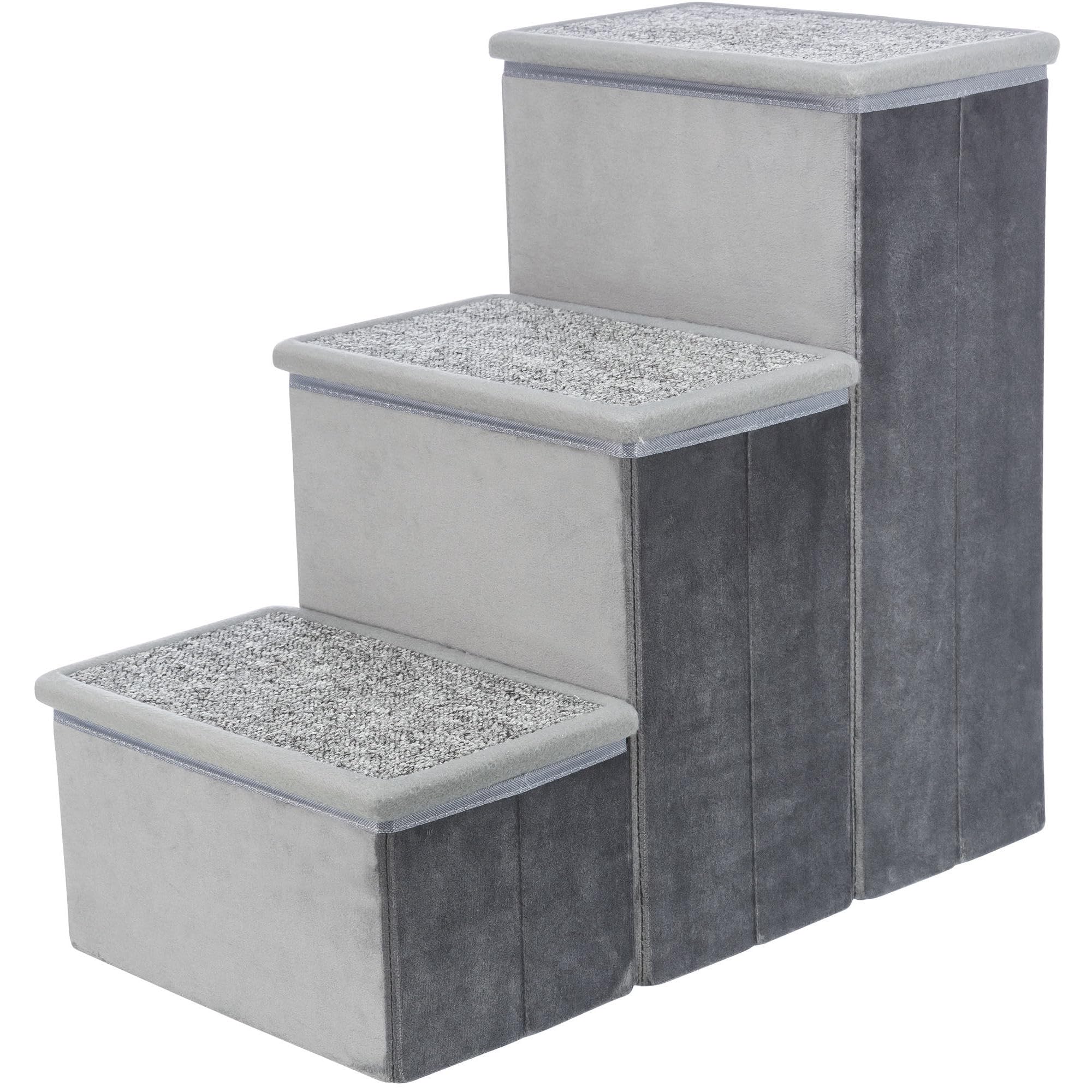 TRIXIE Velour 3-Step Pet Stairs with Storage | Collapsible Dog Steps for Small & Medium Dogs | Storage Compartments for Pet Toys & Supplies | Soft Gray | Perfect for Bed, Couch & Car Access