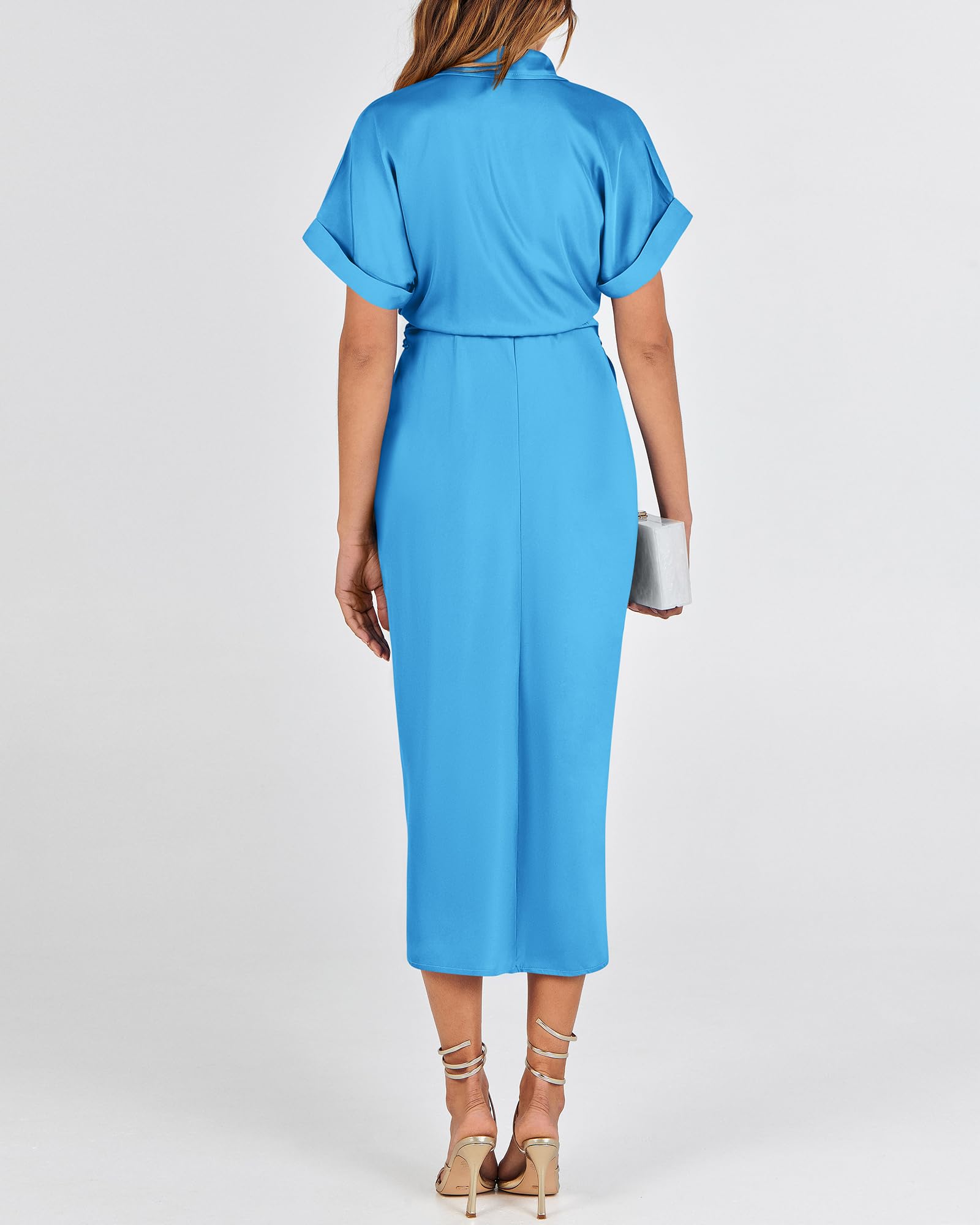 BTFBM Women's 2025 Ruched Button Down Shirt Dress - Short Sleeve Lapel V-Neck Elegant Satin Maxi Dress for Spring Summer | Perfect for Parties, Weddings & Special Occasions