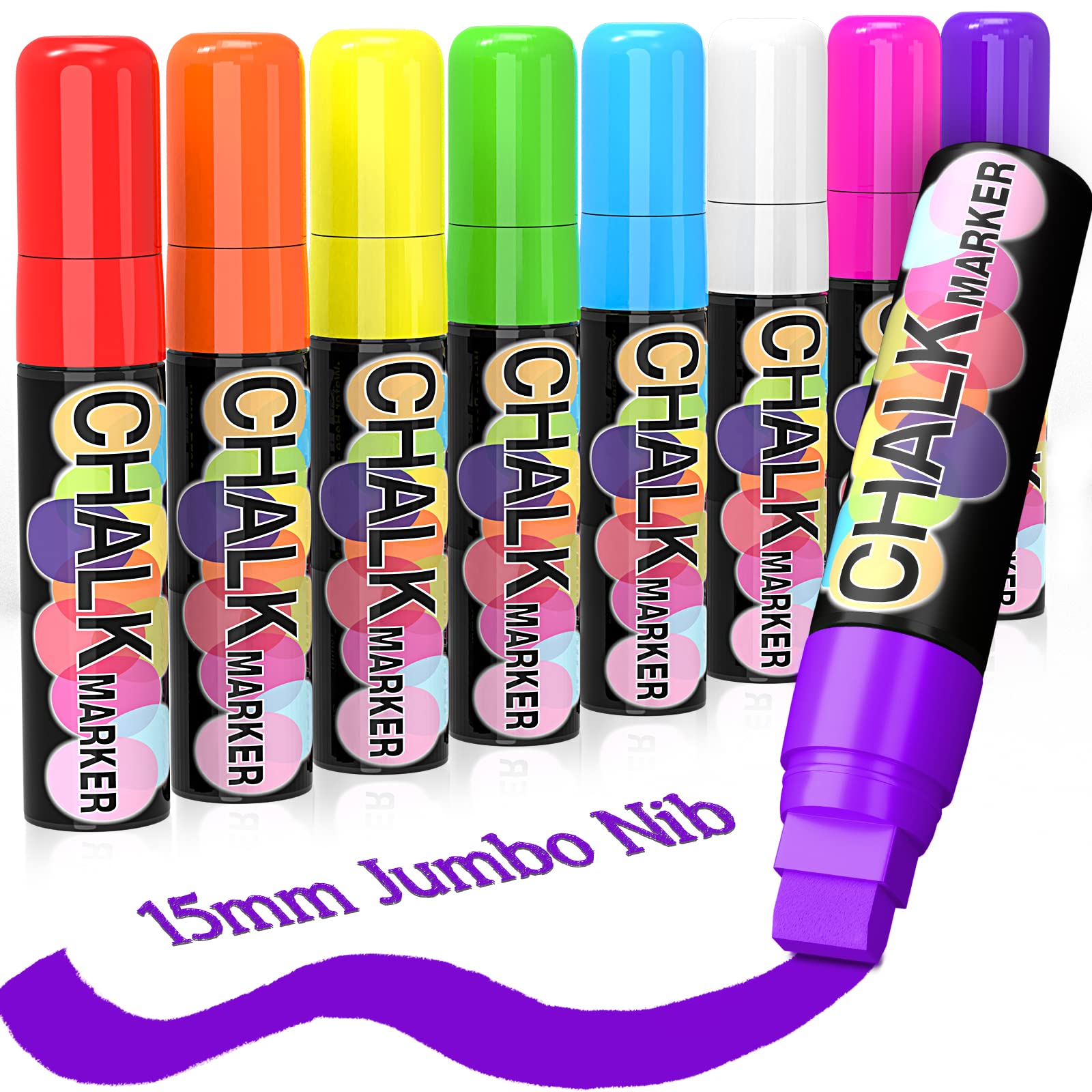 **8 Pack 15mm Jumbo Liquid Chalk Markers - Neon Window Paint Markers for Glass, Washable & Wet Erase - Perfect for Cars, Whiteboards, Chalkboards, Mirrors, Tires & Bistro Decor - 8 Vibrant Colors**
