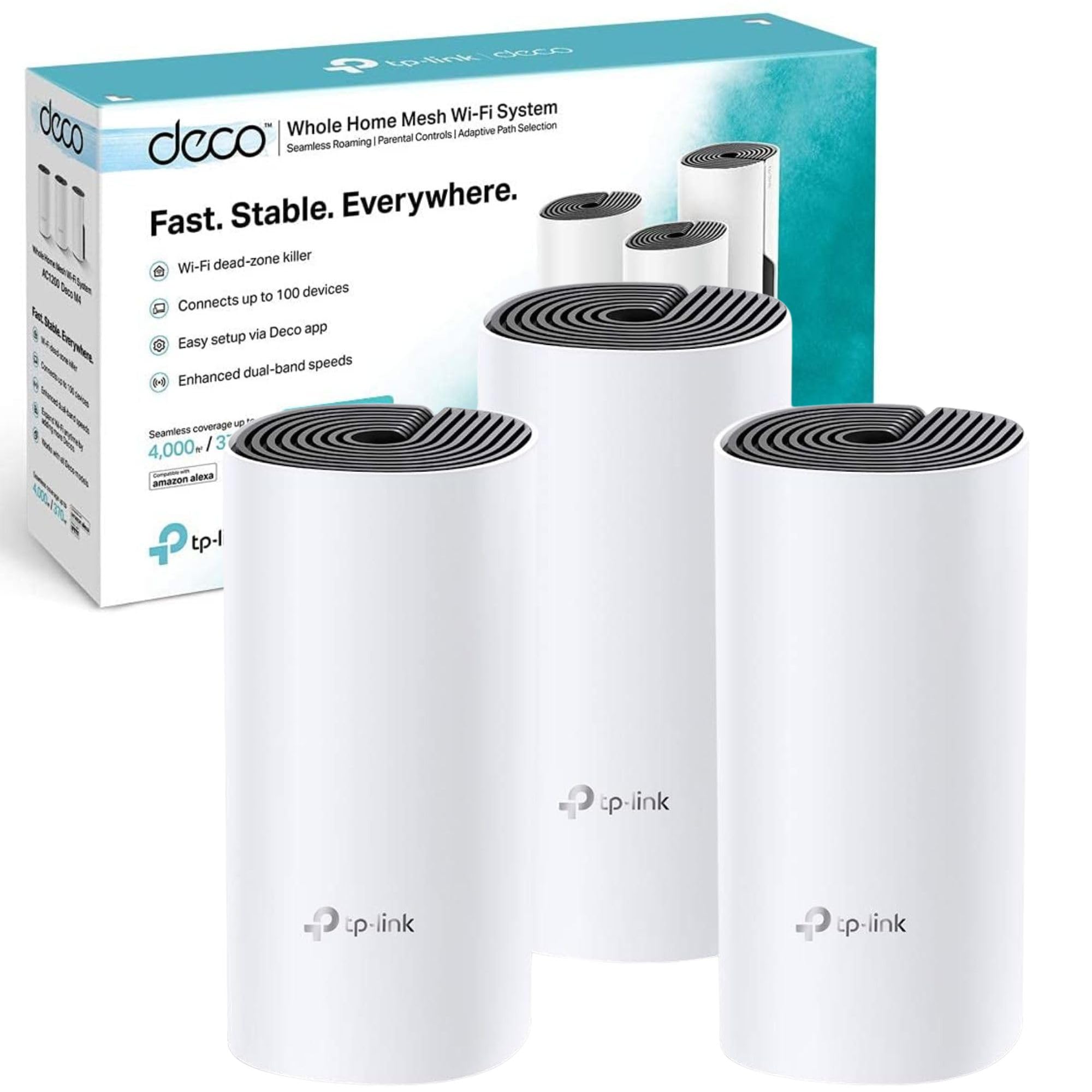 TP-Link Deco M4 Whole Home Mesh Wi-Fi System (3-Pack) | 4000 sq ft Coverage | Dual-Band AC1200 | Qualcomm CPU | Gigabit Ports | Works with Alexa & Echo | Parental Controls | Perfect for Large Homes, Smart Devices & Gaming