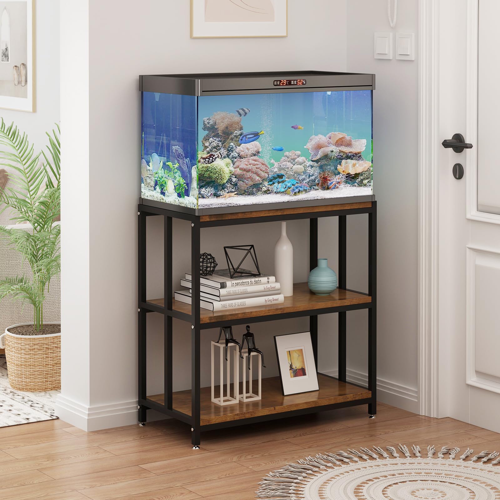 20 Gallon Heavy Duty Metal Aquarium Stand with Storage Shelves - Sturdy Fish Tank Stand for Reptile Terrariums & Turtle Tanks - Perfect for Home Office Decor & Pet Accessories Organization (Black)