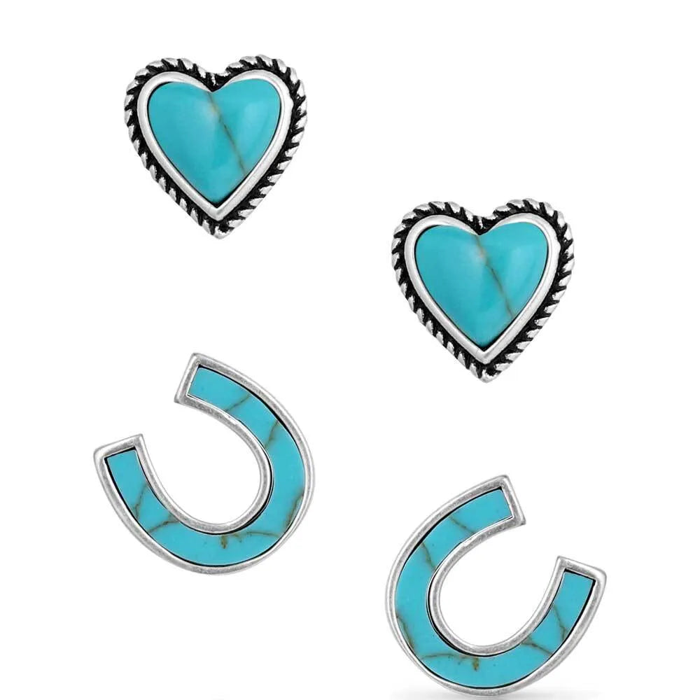 Turquoise Heart & Horseshoe Earrings Set - Boho Chic Dangle Earrings for Women - Perfect for Western Fashion, Cowgirl Style & Festival Outfits