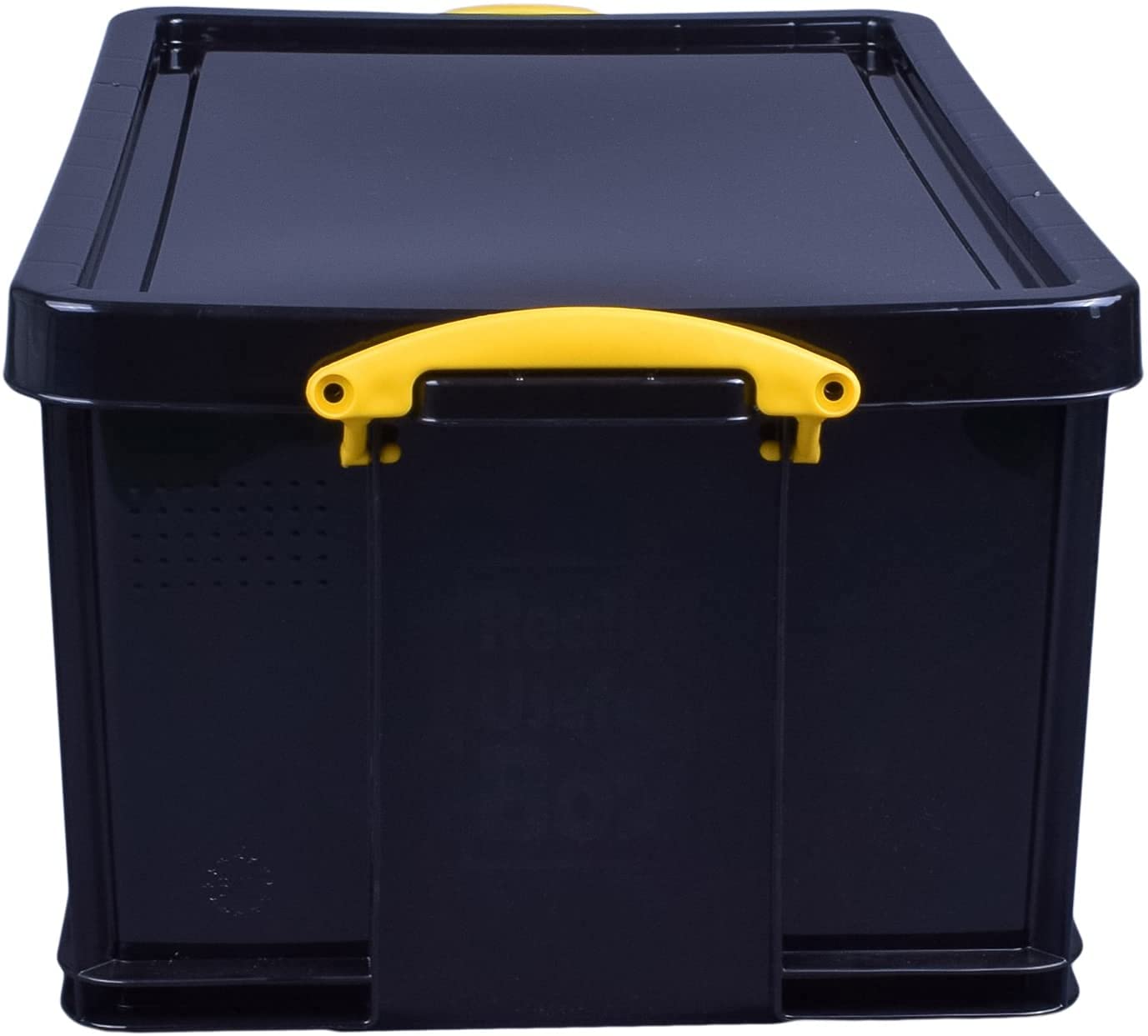 64L Really Useful Plastic Storage Box - Durable Solid Black with Yellow Handles for Home, Office & Garage Organization