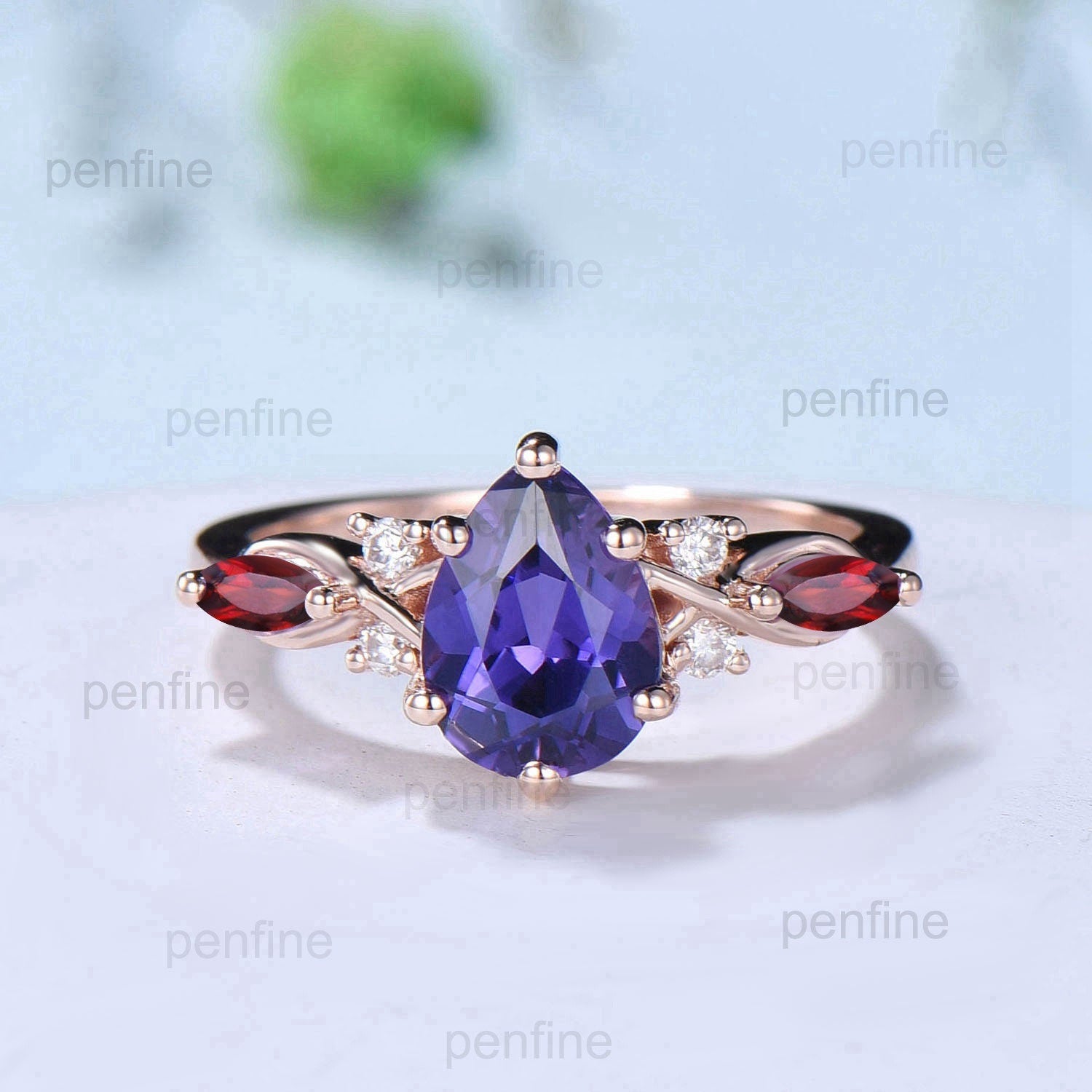1.25CT Pear Shaped Purple Sapphire Wedding Ring Set - Teardrop Sapphire & Ruby Engagement Ring in Rose Gold - Unique Purple Crystal Bridal Jewelry for Weddings, Anniversaries & Special Occasions