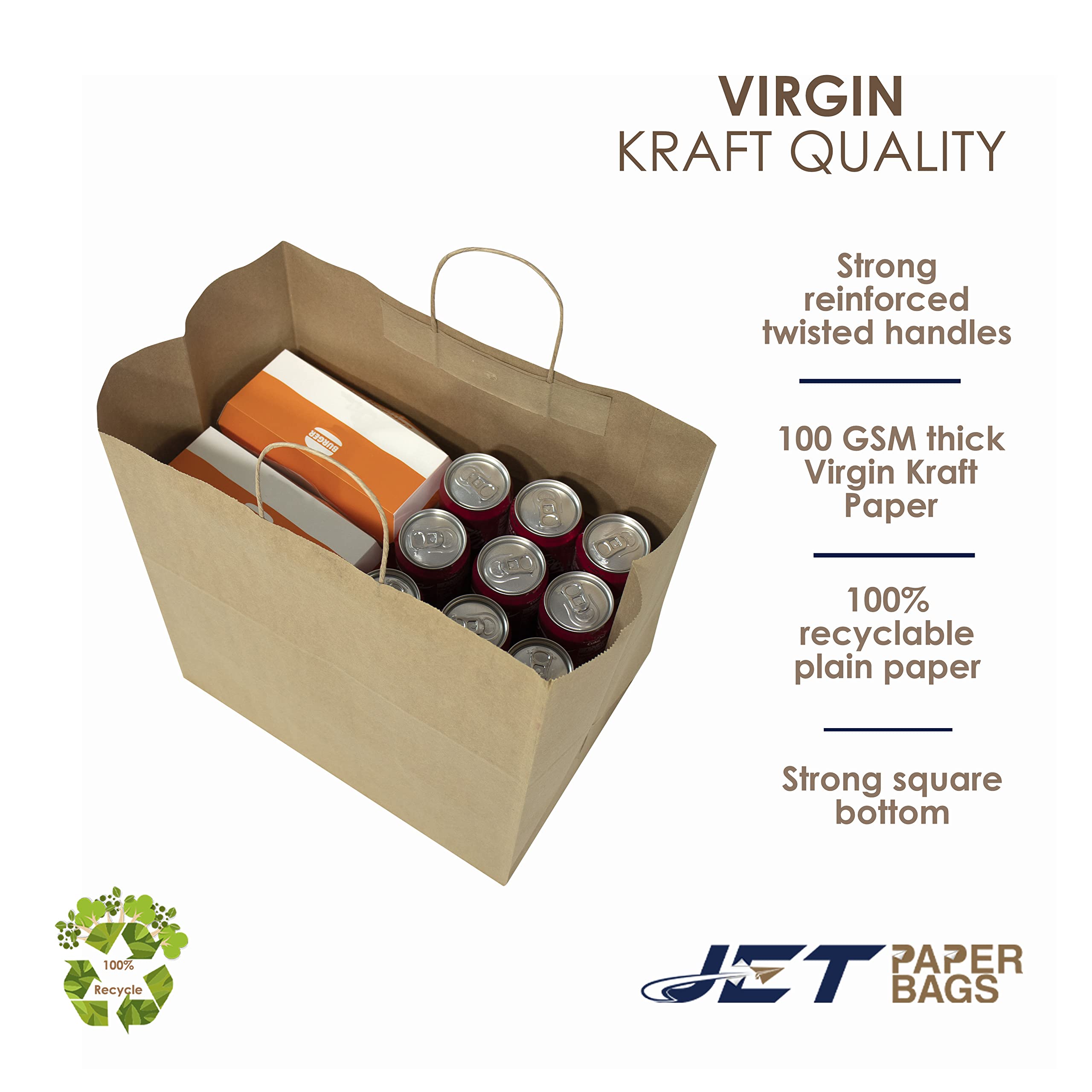 JET PAPER BAGS - 14”x9.5”x15.5” Large Brown Kraft Paper Bags with Handles [250 Pcs] - Eco-Friendly Recyclable Takeout Bags for Grocery, Retail, Parties, Weddings & Gift Giving - Perfect for Food Delivery, Shopping, and Special Occasions