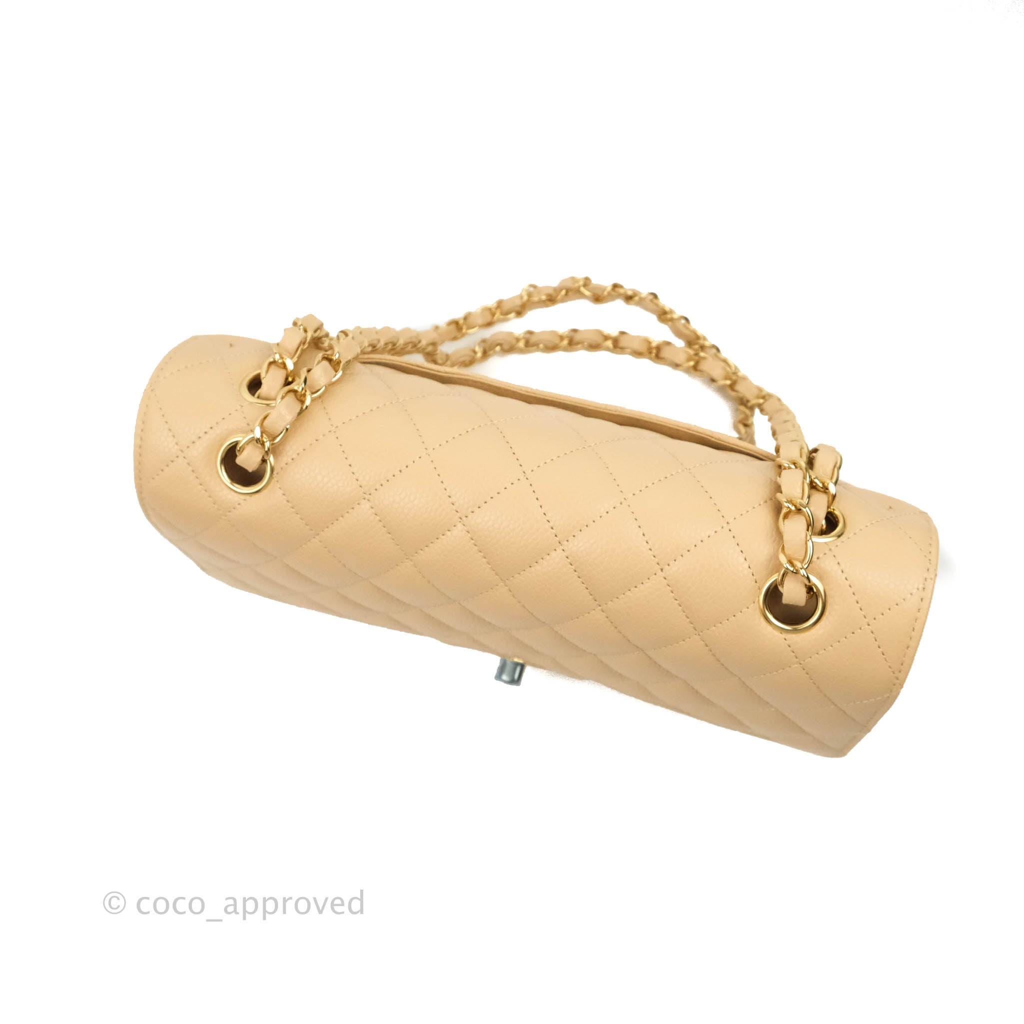 Chanel Classic M/L Medium Flap Bag Quilted Beige Caviar Leather with Gold Hardware - Luxury Handbag for Women, Perfect for Parties, Work & Everyday Use