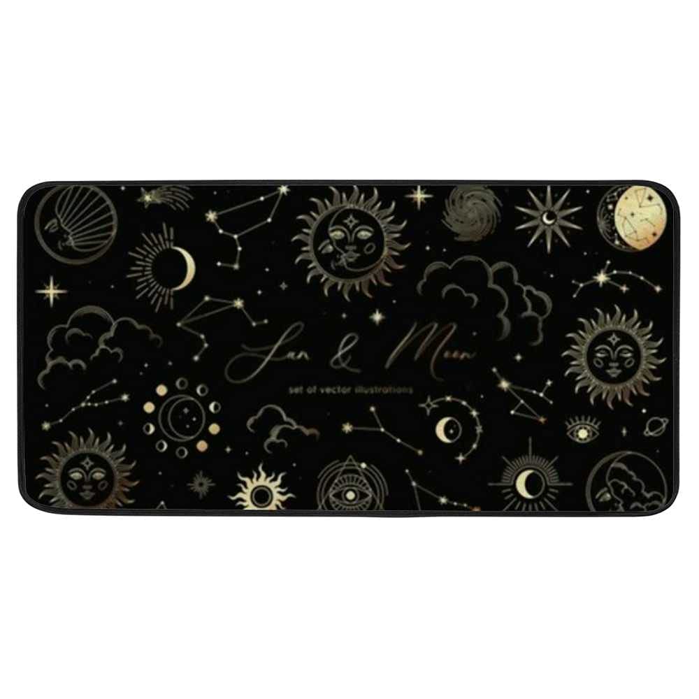 Vintage Golden Sun Moon Stars Clouds Constellations Non-Slip Kitchen Rug - Machine Washable Absorbent Floor Mat for Kitchen, Bathroom, Sink, Office & Laundry - Perfect for Home Decor and High-Traffic Areas