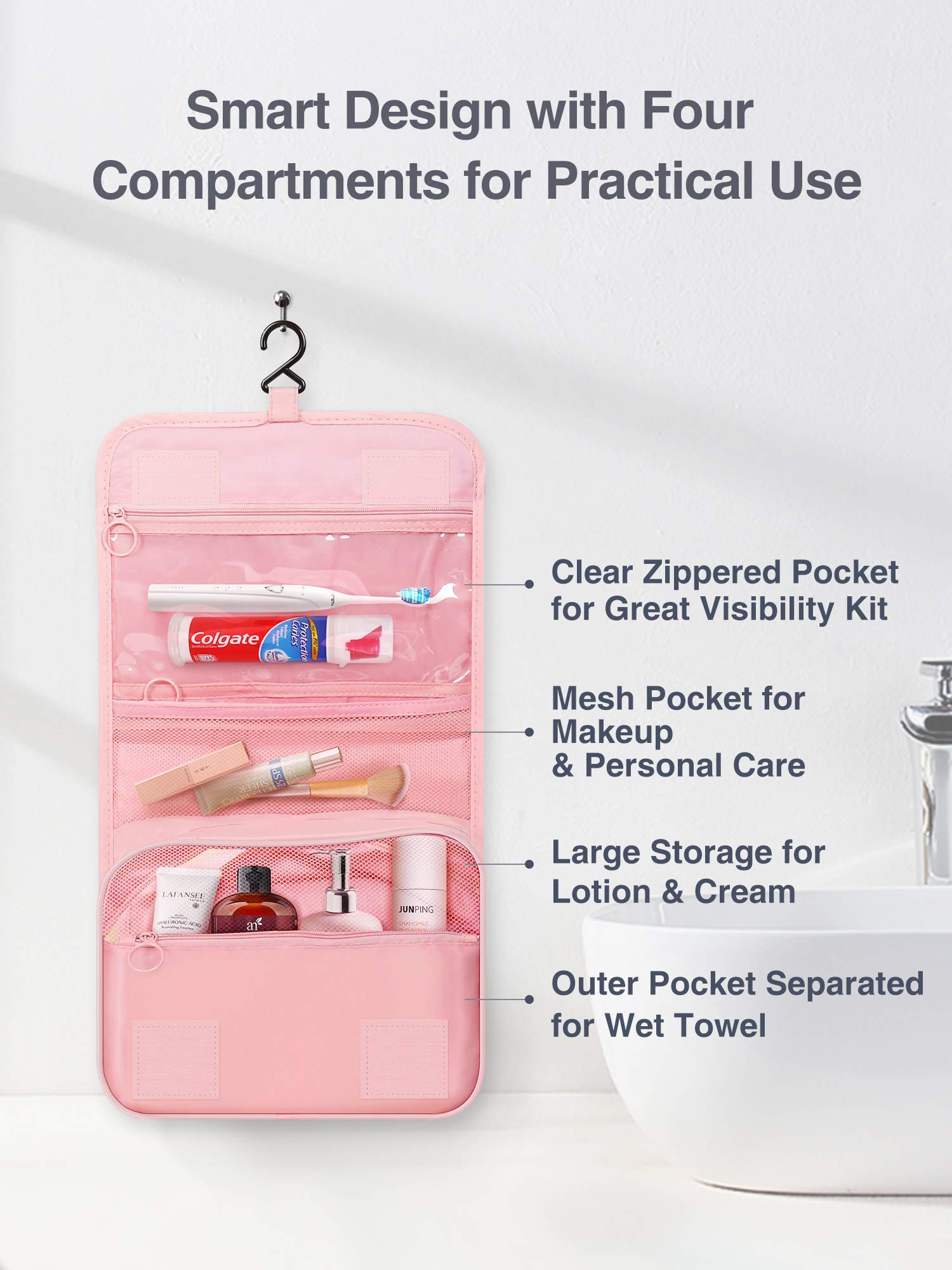 Luxtude Water-resistant Hanging Toiletry Bag for Women - Travel Cosmetic Organizer with Hook for Shower, Bathroom & On-the-Go | Perfect for Vacation, Gym & Business Trips (Pink)