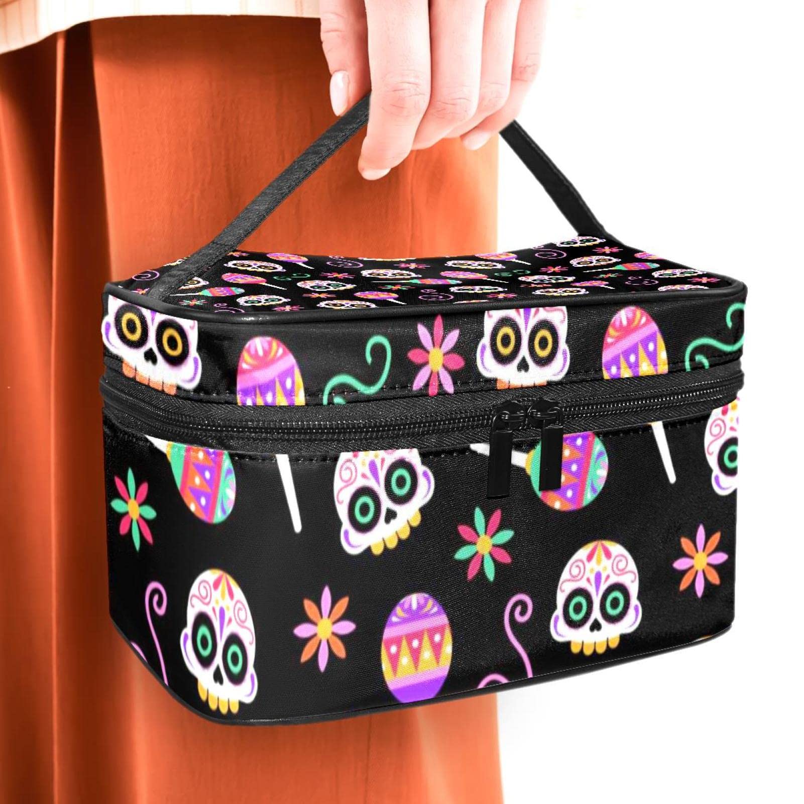 Vibrant Skull Makeup Bag - Waterproof Travel Toiletry Organizer for Women | Portable Cosmetic Pouch for Gym, Vacation & Daily Essentials Storage