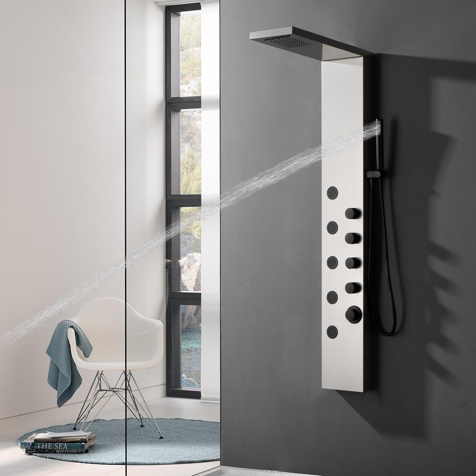Homevacious Modern Shower Panel Tower System - Rainfall Shower Head, 5 Body Jets & Handheld Shower - Brushed Nickel Finish - Spa-Like Bathroom Upgrade for Luxury Shower Experience