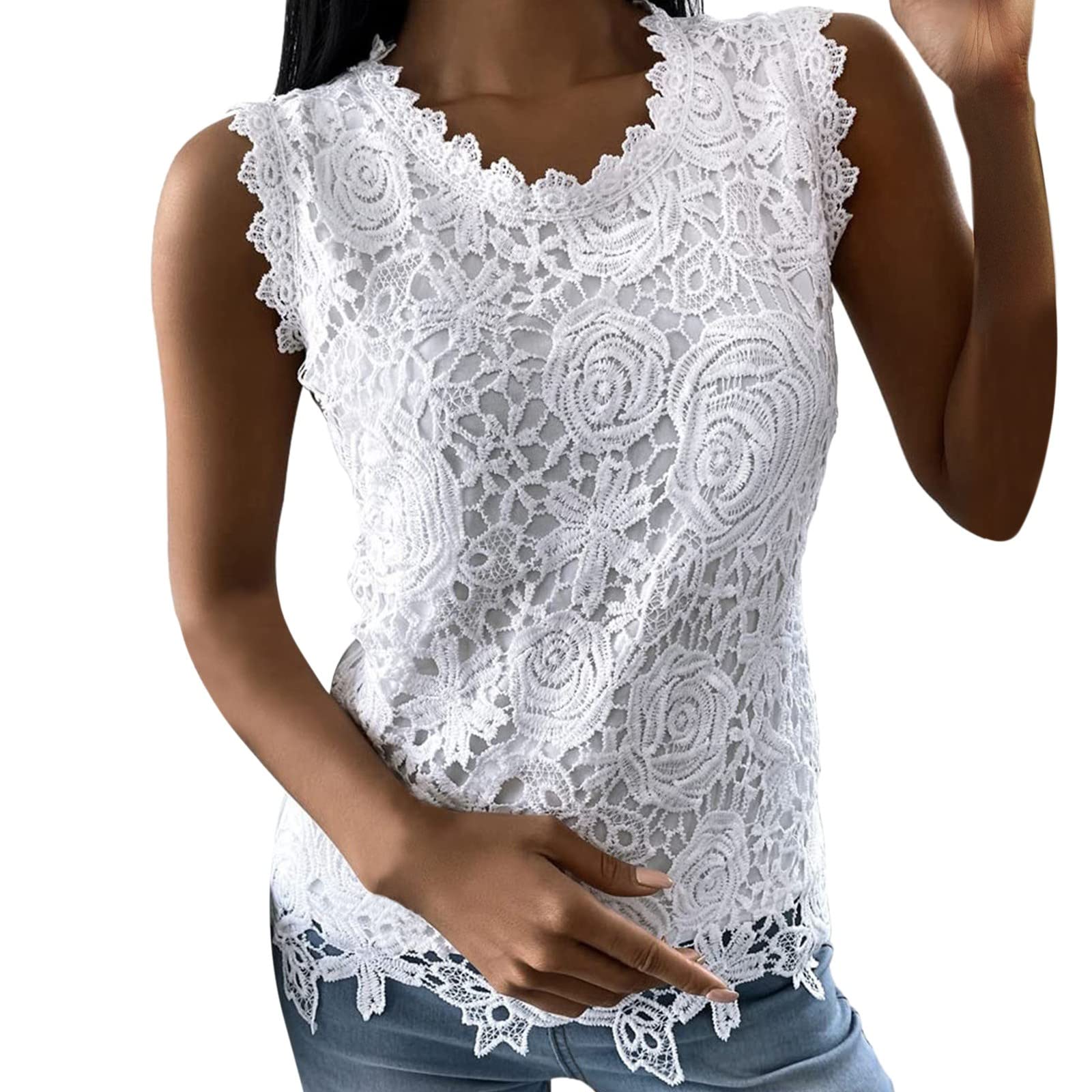 iOPQO Women's Lace V-Neck Tunic Tank Top - Sleeveless Casual Blouse for Leggings - Breathable Summer Tops (White, Small) | Perfect for Yoga, Beachwear & Everyday Outfits