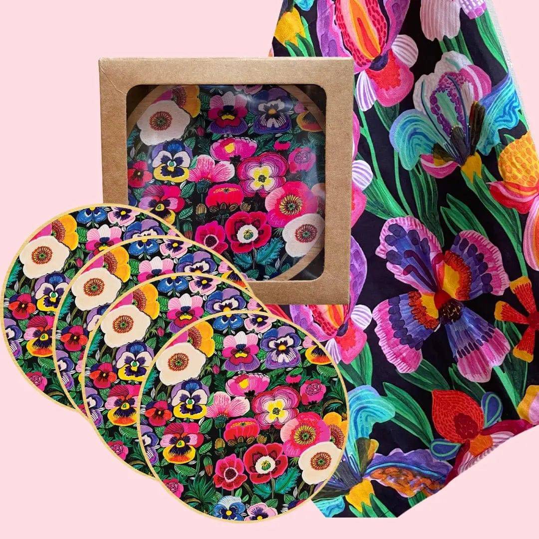 Premium Irises & Pansy Flowers Tea Towel Set with Australian Wooden Coasters - Elegant Kitchen & Dining Gift for Home Decor, Housewarming, Wedding Present
