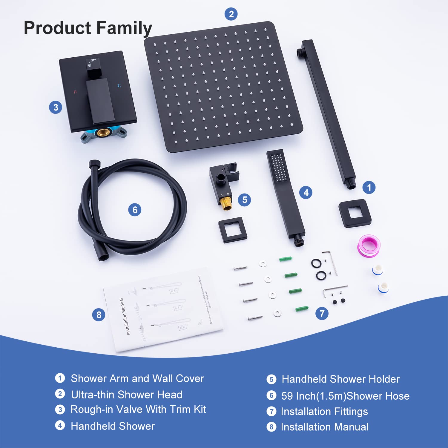 Luxury Matte Black 12 Inch Square Rain Shower Head System - Wall Mounted Rainfall Shower Combo Set with Faucet Rough-in Valve (Perfect for Modern Bathroom & Spa Experience)