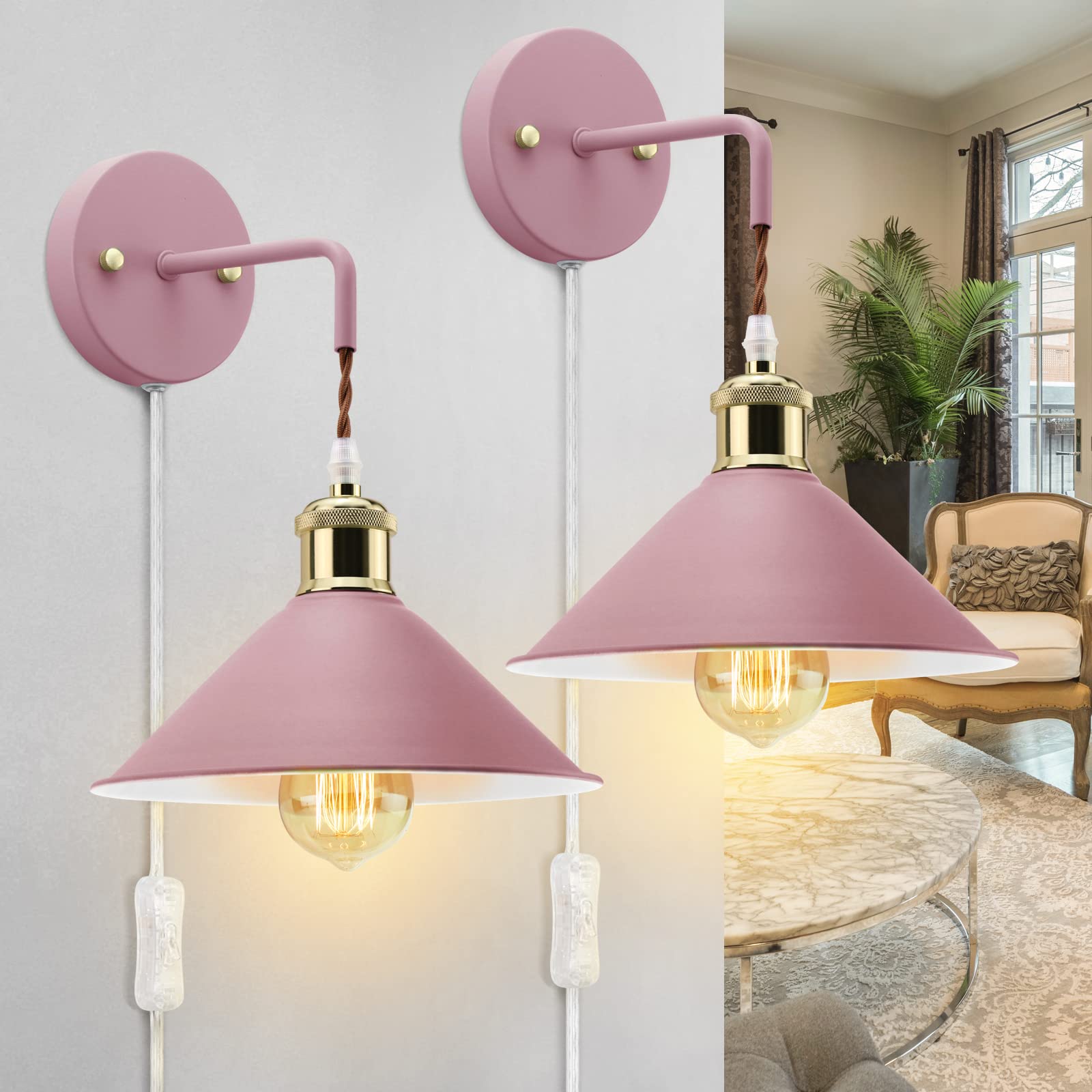 Modern Plug-in Wall Sconces 2-Pack - Pink E26 Wall Lamp with Cord, Adjustable Plug-in Wall Lighting Fixture for Bedroom, Living Room & Hallway Decor