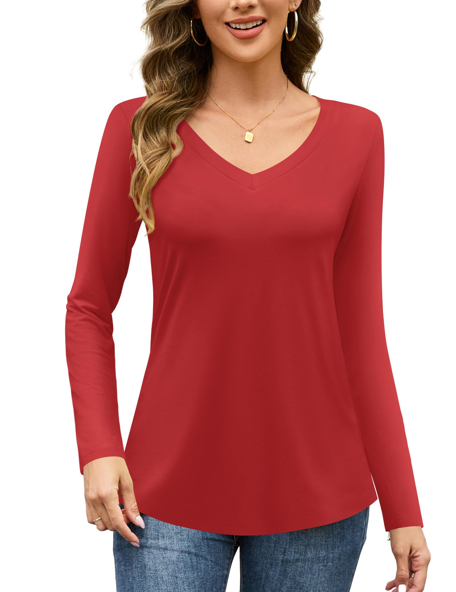 Amoretu Women's Long Sleeve V-Neck T-Shirts - Casual Loose Fit Blouse for Everyday Wear, Work & Layering | Comfortable & Stylish Plus Size Tops