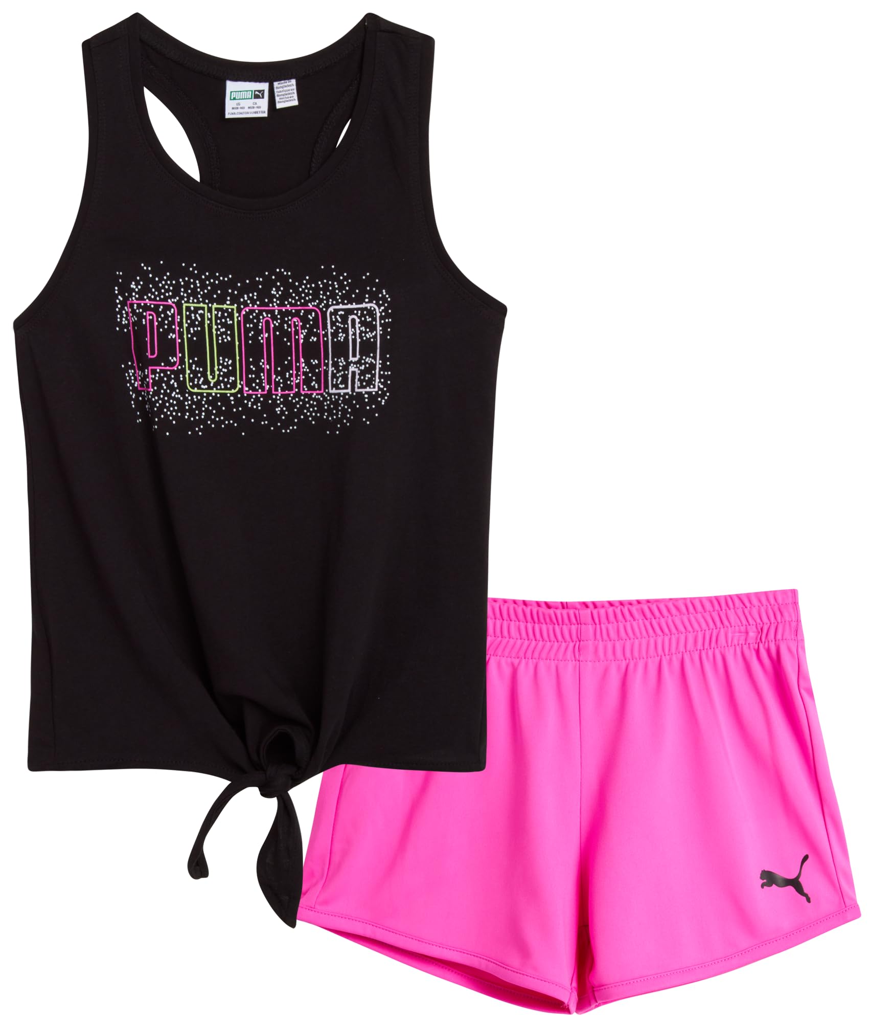 PUMA Girls' 2-Piece Active Shorts Set - Performance Tank Top & Gym Shorts for Sports, Running, Yoga - Cute Summer Athletic Outfit for Teens (Sizes S-L) - Perfect for School PE, Dance Class & Outdoor Activities