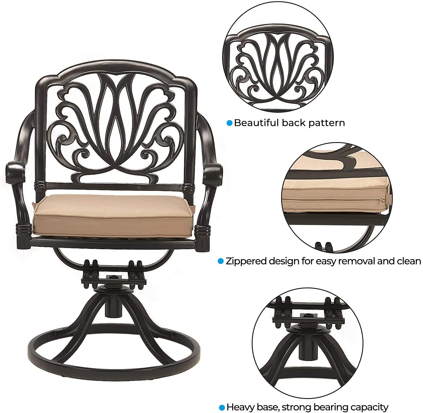 Grepatio 2-Piece Swivel Patio Dining Chairs Set with Cushions - Outdoor Cast Aluminum Garden Chairs for Backyard, Lawn & Deck - Comfortable Swivel Rocker Chairs with Khaki Cushions - Perfect for Outdoor Dining, Lounging & Entertaining
