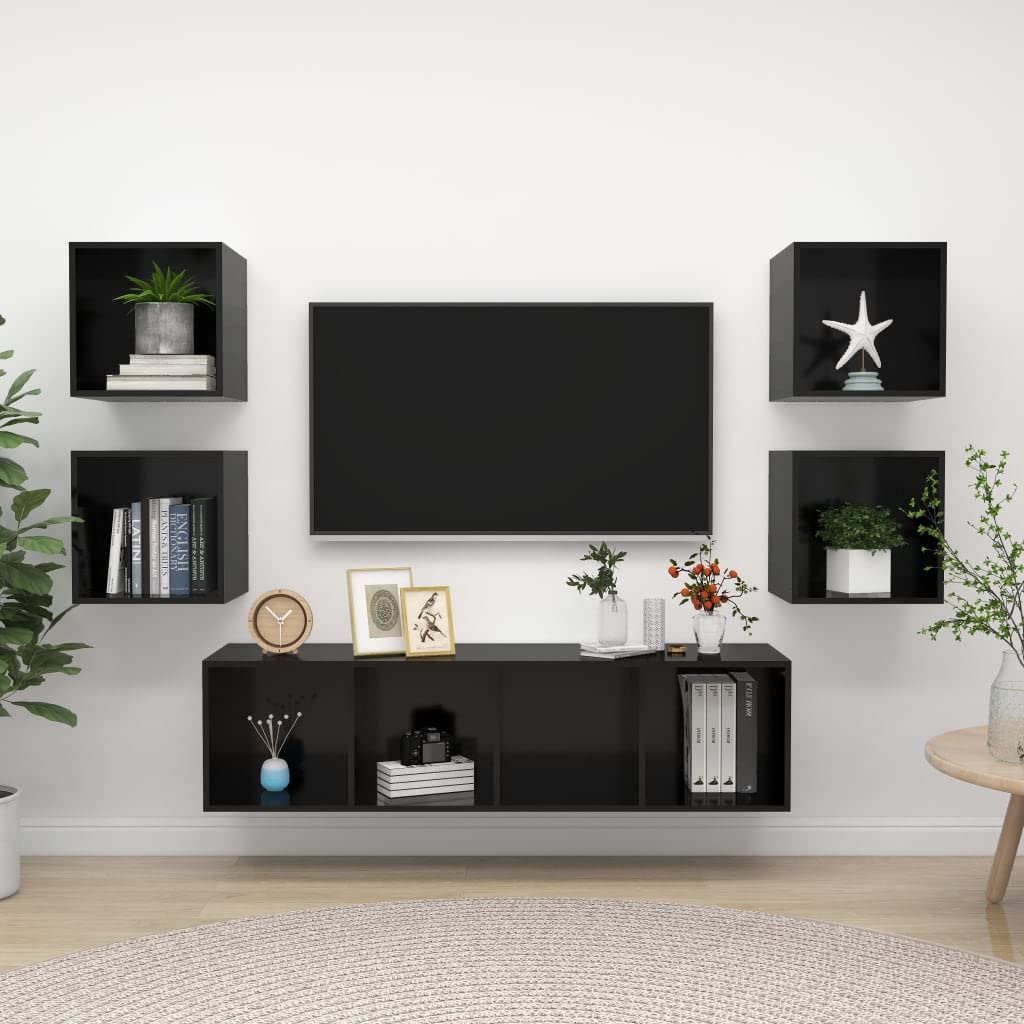 5-Piece Modern High Gloss Black TV Stand Entertainment Center Set - Chipboard TV Cabinet for Living Room & Bedroom - Perfect for Organizing Media Devices & Enhancing Home Decor