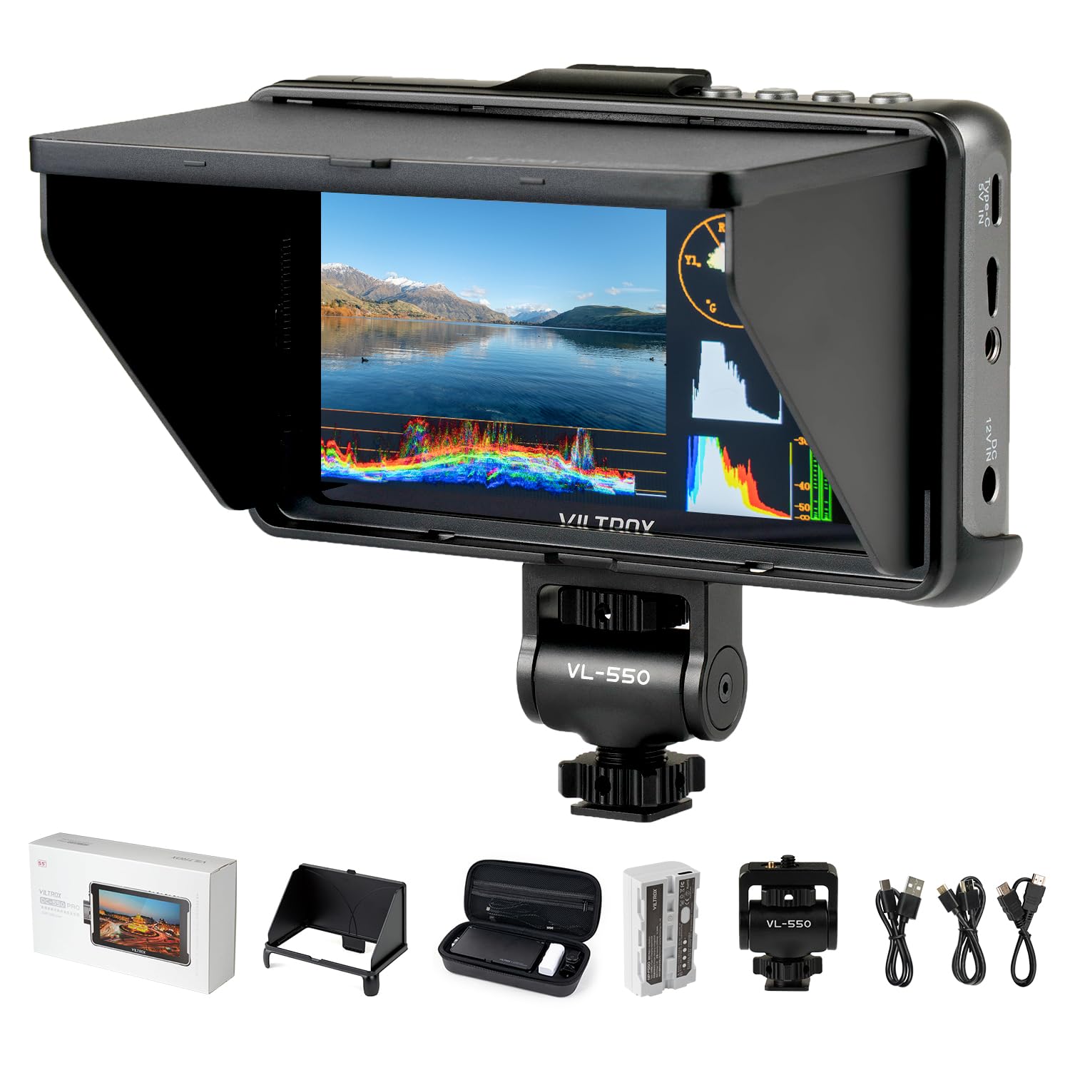 VILTROX DC-550 Pro 5.5 Inch 4K HDMI Field Monitor - 1200nits Brightness, 1920x1080 IPS Screen with RGB Parade, Histogram & Waveform for Professional Video Shooting - Includes Battery & Sunshade Hood - Perfect for DSLR, Mirrorless Cameras and Film Production On Location