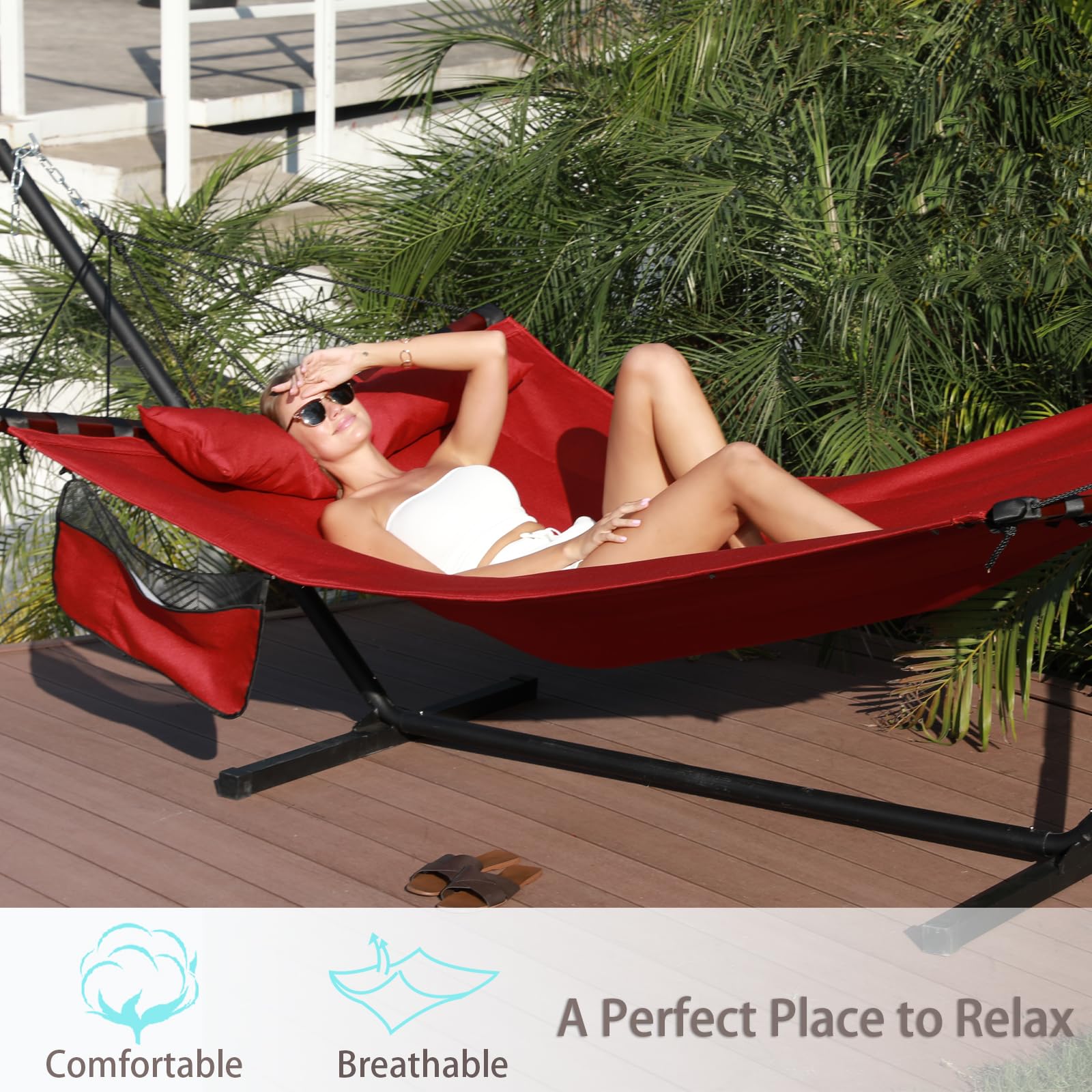 Premium 12FT 2-Person Hammock with Stand - 55 x 79IN Outdoor Hammock 450LB Capacity - Hardwood Spreader Bar & Durable Nylon Rope - Perfect for Backyard, Patio, Garden, Beach & Camping - Red Relaxation Hammock for Outdoor Lounging & Vacation Getaways